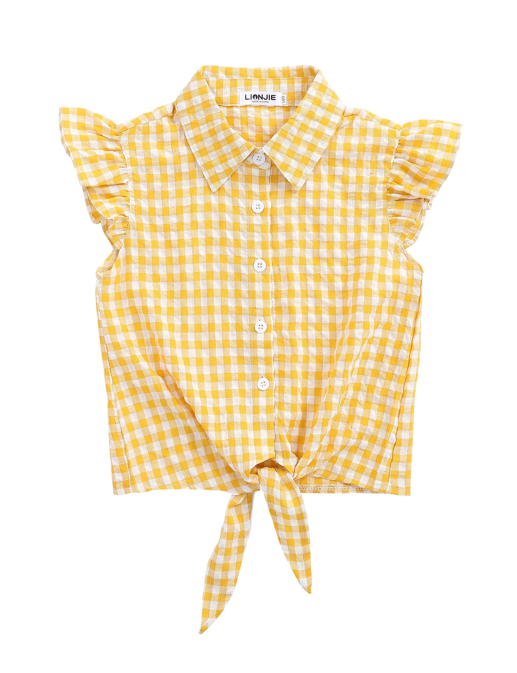 Girls Sleeveless Plaid Button Down Shirt Summer Crop Tops Tie Knot Ruffle Sleeve Shirt Blouse 3-12Y