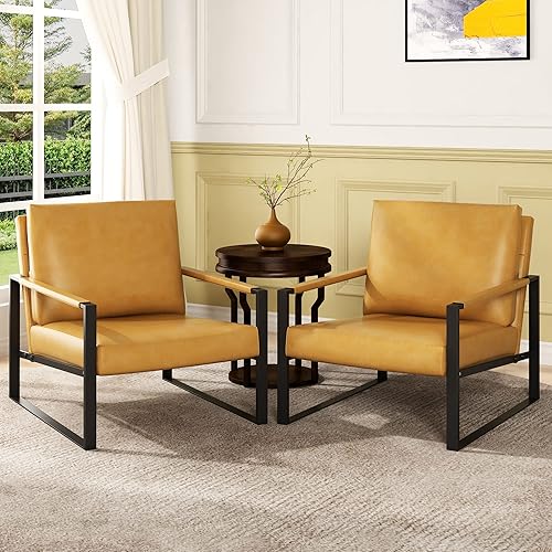 Miniatura 4 de AWQM Leather Accent Chair Set of 2 Sofa Chair with Extra-Thick Padded Backrest and Seat Cushion Single Sofa for Living Room Bedroom, Black Metal