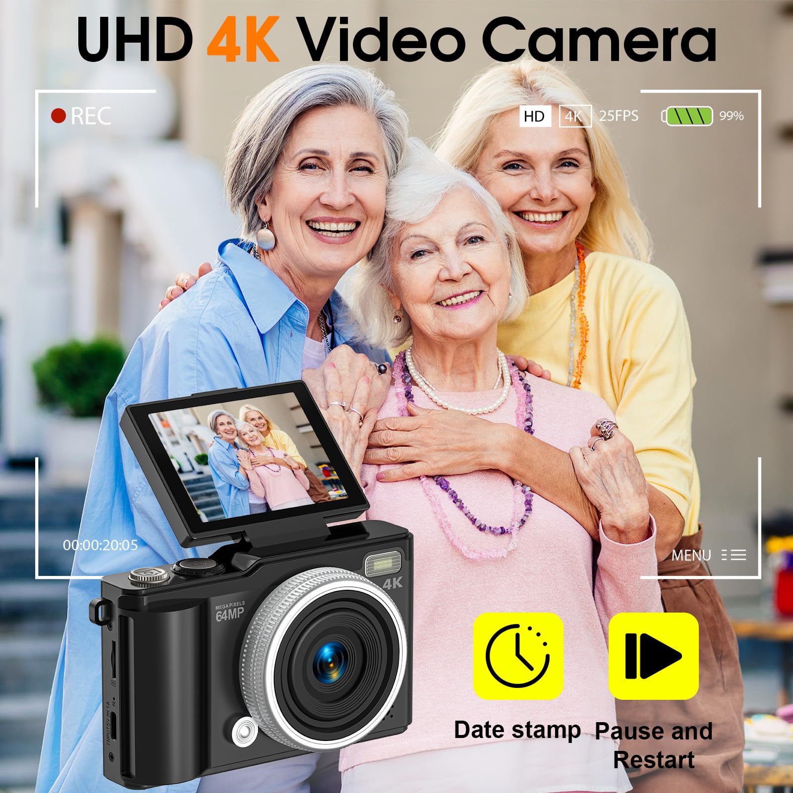 Digitalkamera, 4K 64 MP Kompakt-Digitalkamera mit Autofokus und Makrofunktion, 180°-Klappbildschirm, tragbare Selfie-Kamera für Fotos und Videos mit 32 GB SD-Karte für Anfänger und Jugendliche