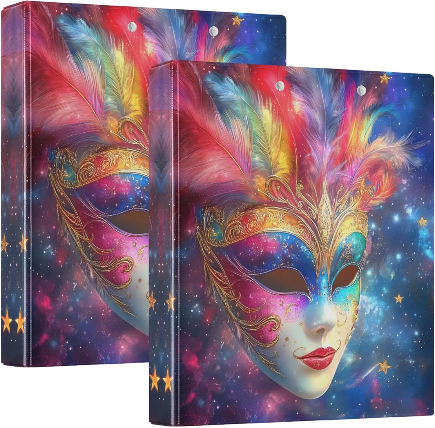 Mardi Gras Colorful Masks 3 Ring Binders, 1.5” Round Ring Binders with Clipboard - Letter Size, 3 Interior PVC Clear Pockets & Anti-Slip Clip for Office School Supplies, 2PCS