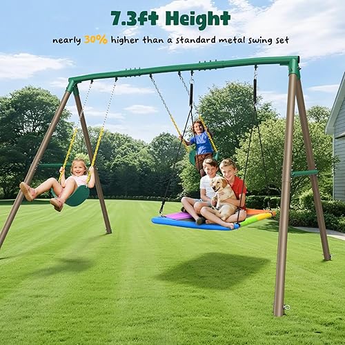 Miniatura 2 de Hapfan Juego de columpios resistentes de 7.3 pies de alto, 3 columpios de metal para patio trasero, juego para niños grandes para patio de juegos al