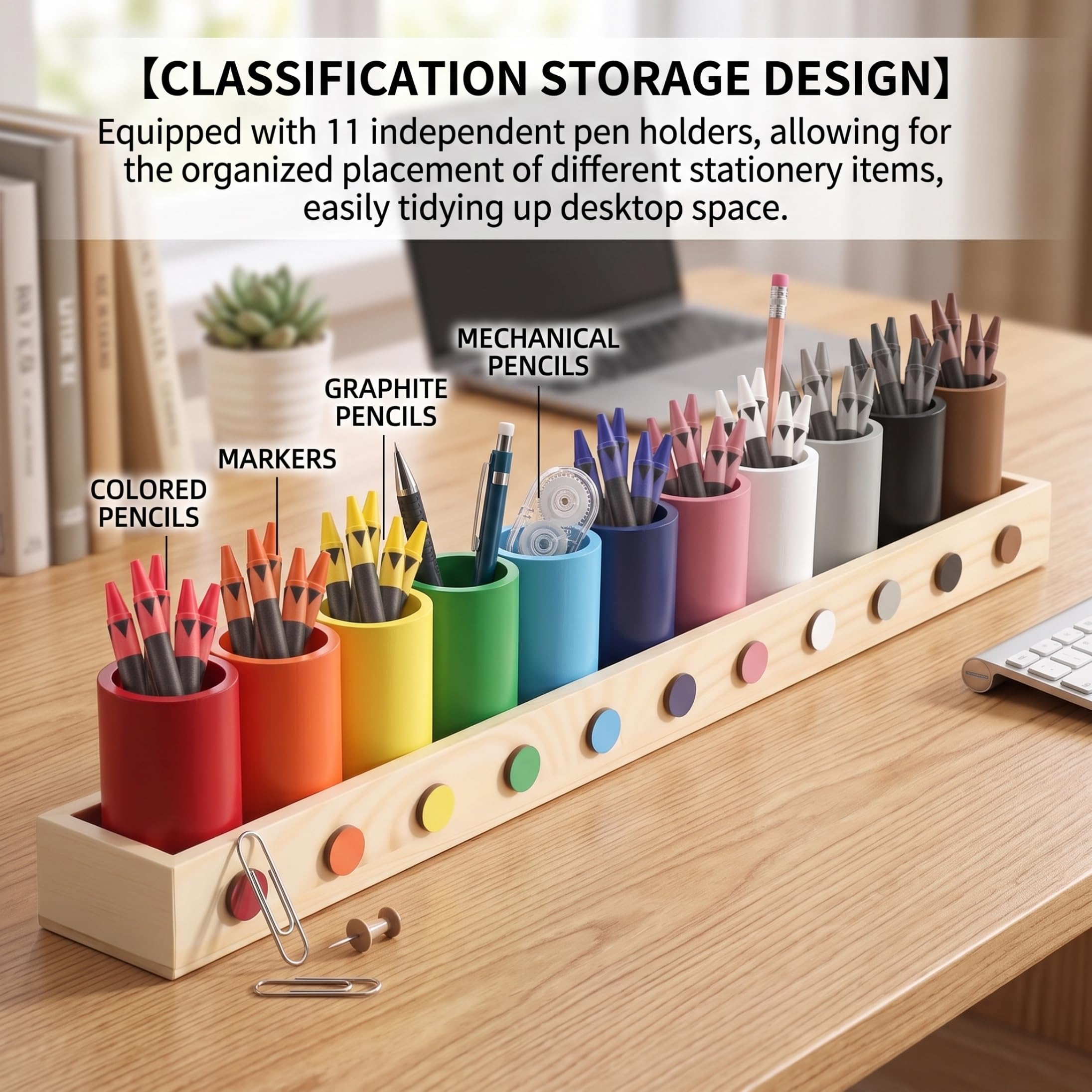 Organizer per matite colorate in legno a 11 scomparti, supporto da scrivania colorato per pennarelli, pastelli, penne, materiale scolastico per ufficio e casa