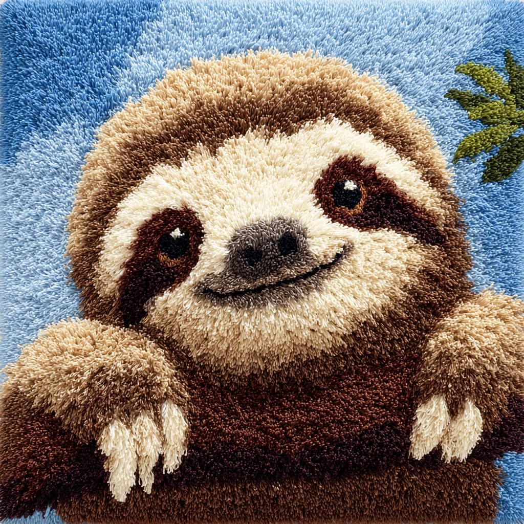 WallustrioaW Latch Hook Cushion Kit, Animal Sloth Knitting Kits Cushion, 17X17 Inch Rug Making Kit for Starters, Latch Hook Kits for Beginners Adults