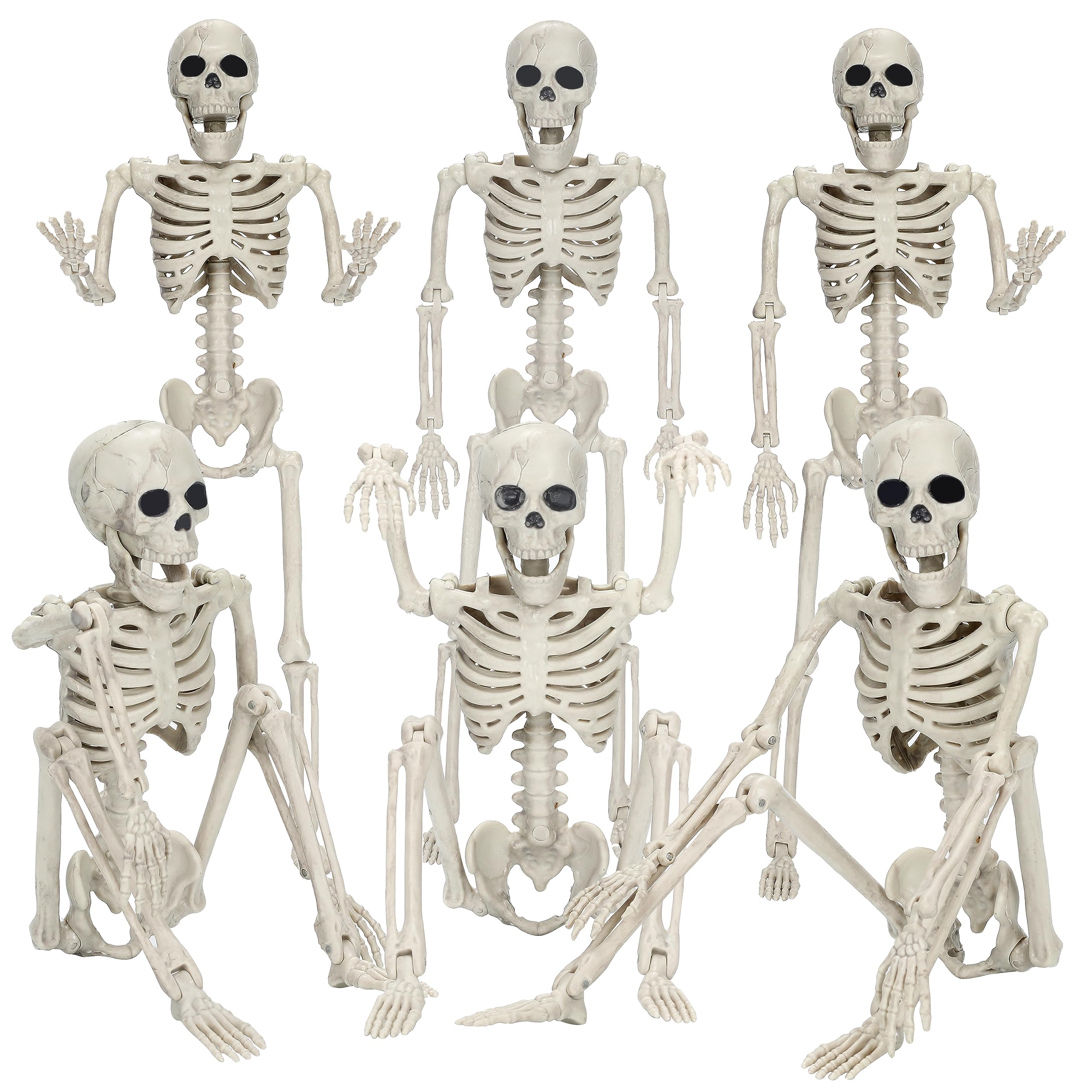 Ernesqi 6 Pack Halloween Skeleton Decorations, 16" Full Body Posable Skeleton with Movable Joints for Halloween, Graveyard, Haunted Houses, Indoor Outdoor Horror Atmosphere Decorations