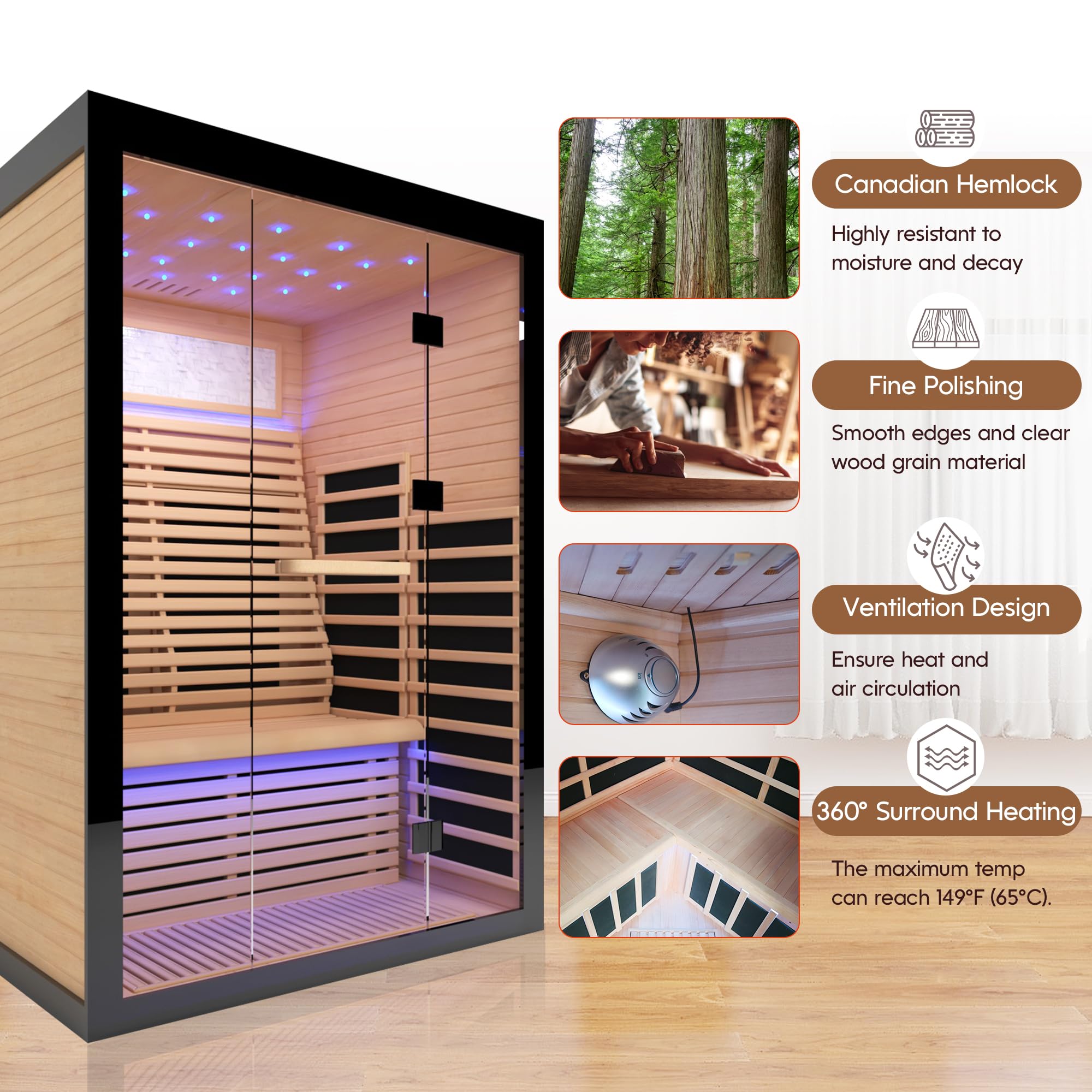 SUNTAGE Luxuriöse große Ferninfrarot-Sauna für Zuhause, kanadische Hemlock-Holzsauna mit 8 Epoxid-Heizplatten, 2160 W hohe Leistung, Sternenlicht und zweifarbiger Streifen, 150 kg Belastung