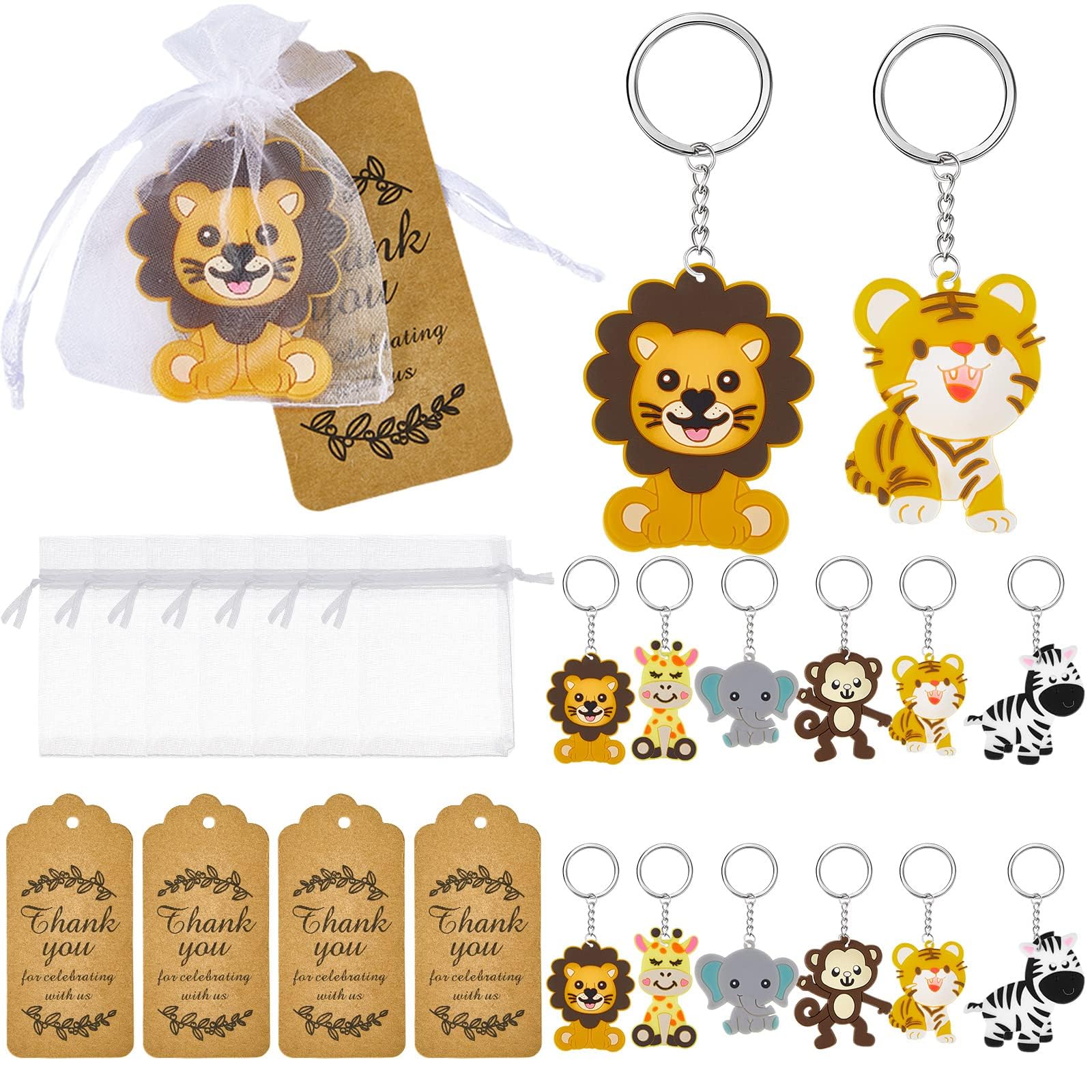 Tazweeq 30 Pcs Cute Animal Keychains, Animals Party Animal Keychains, with Thank You Tags and White Bags, for Baby Shower Birthday Party Decorations