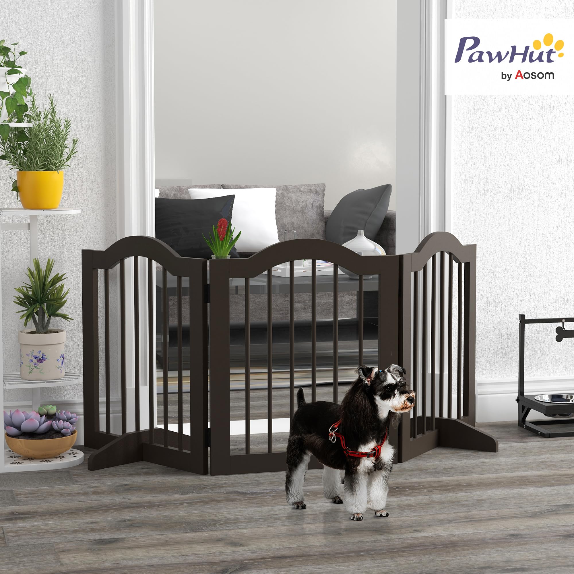 PawHut Cancellino per Cani Pieghevole a 3 Sezioni in Legno, Barriera per Cani, 154.5x29.5x61cm, Caffè
