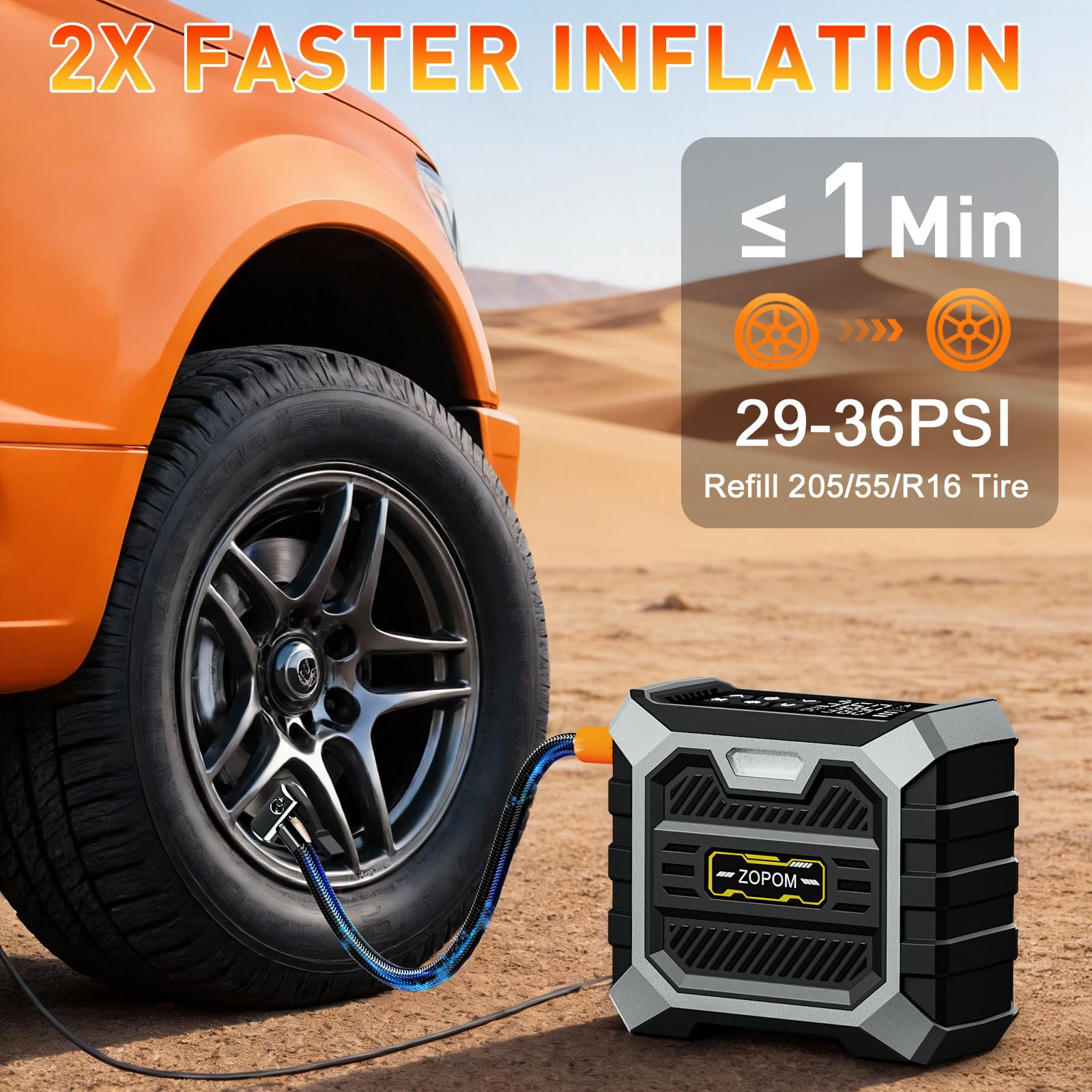 ZOPOM Tire Inflator Portable Air Compressor, 12V DC Car Air Pump with Auto Shut-Off & Digital Pressure Gauge, 100 PSI Corded Inflator for Car, Motorcycle, Bicycle & Sports Balls, LED Light — view 2