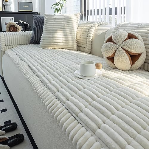 Funda para sofá, fundas de sofá para perros, lavables, antideslizantes, a rayas, para sofá seccional, protector de muebles para forma de L (beige y