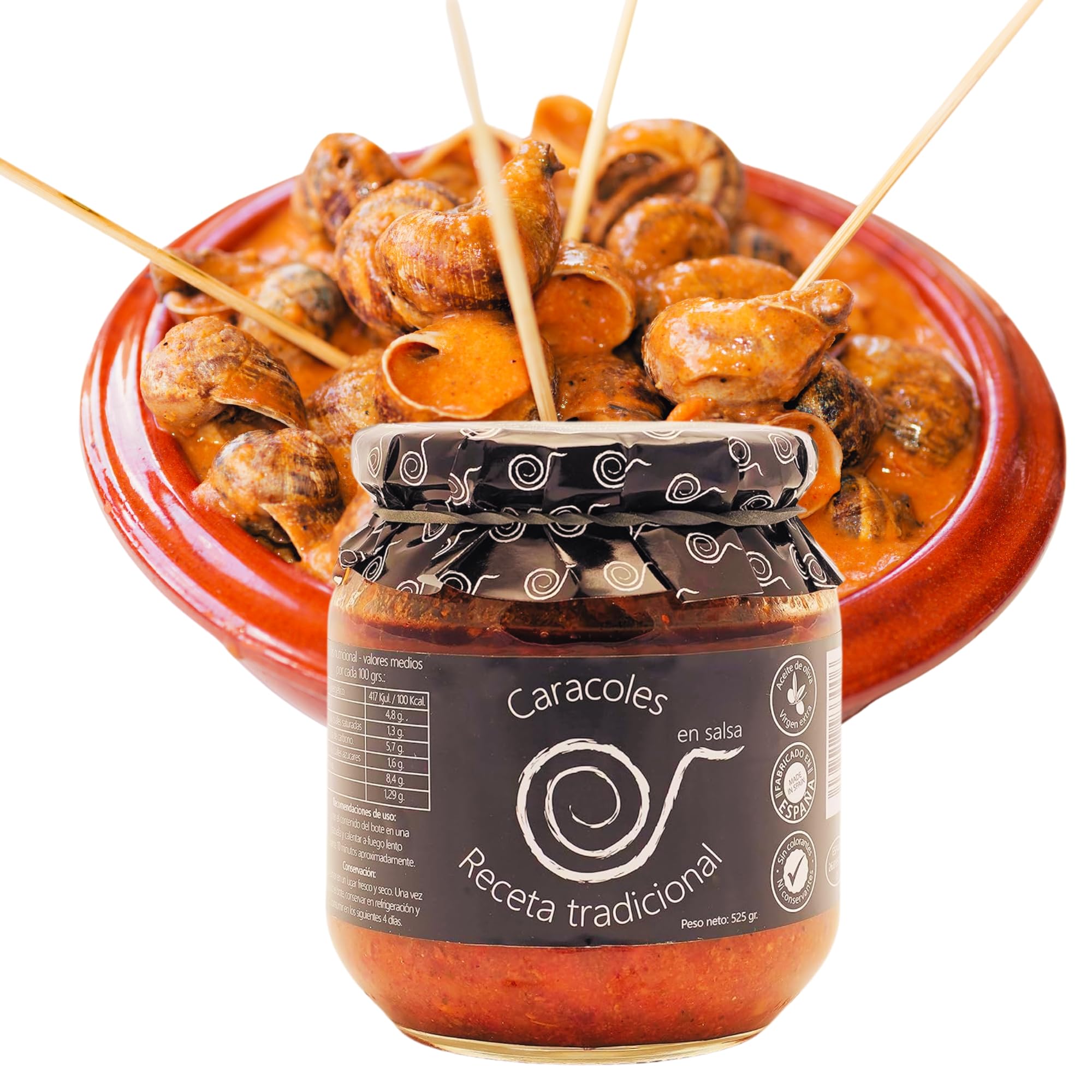 Escargots en sauce. Escargots cuits 550grs. Recette familiale, maison et artisanale. Escargots mijotés. Conserves gourmandes. Cadeau original pour tout le monde. Produit 100% fabriqué en Espagne.