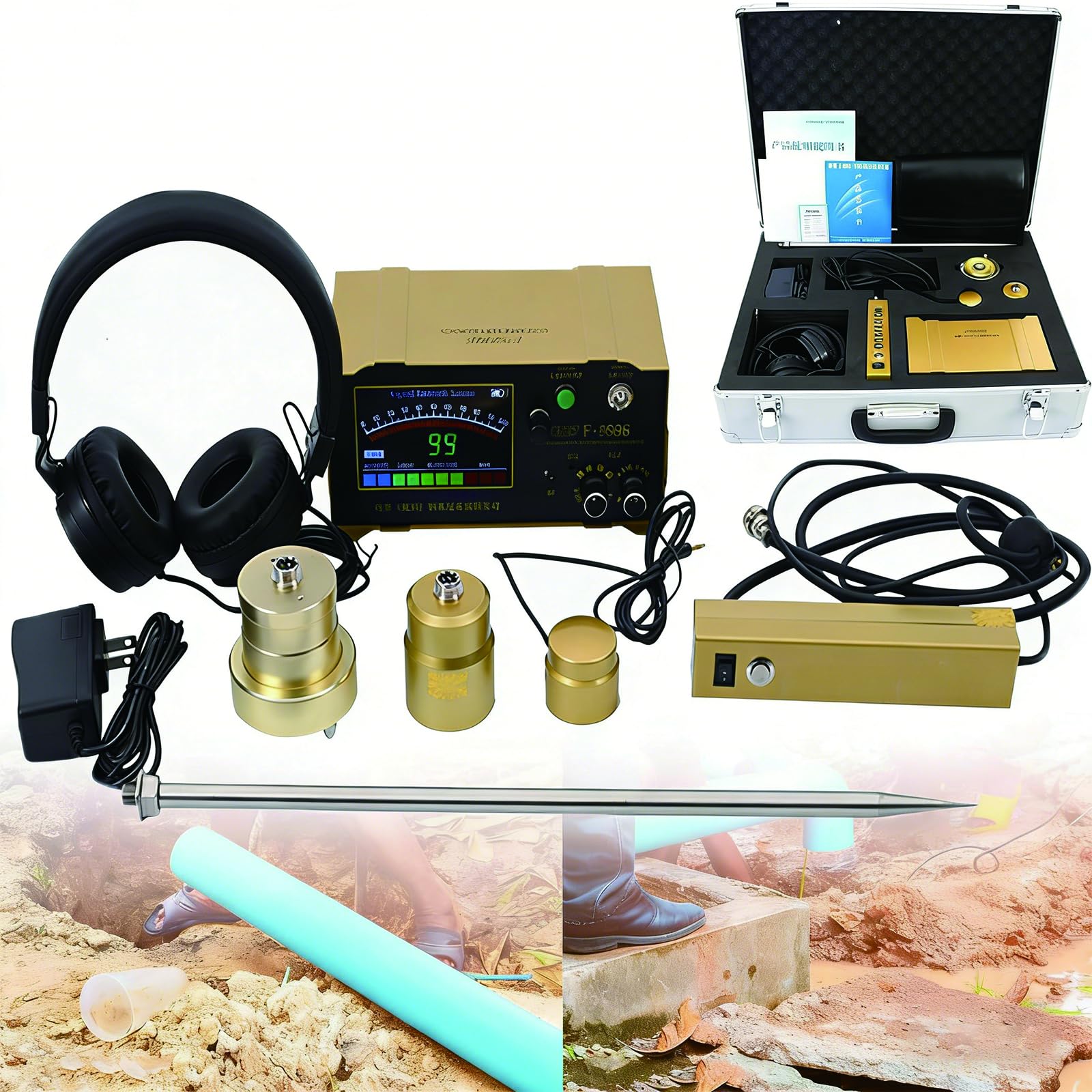 Rilevatore di Perdite d’Acqua Professionale – Sensore per Tubazioni Interrate & Interne, Profondità 3 m, 4 Frequenze Regolabili, Cuffie Audio, per Casa & Esterni