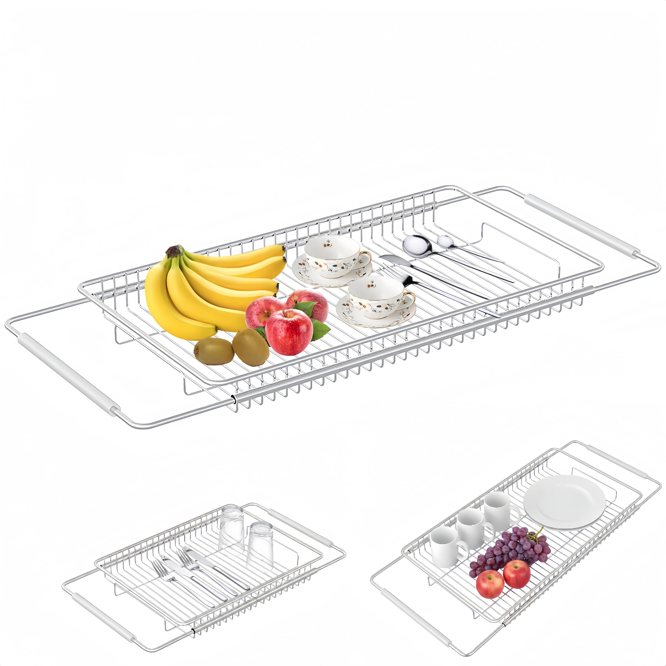 Escurreplatos extensible de acero inoxidable sobre el fregadero de la cocina, estante de enjuague de verduras y frutas, drenaje compacto, cesta de bandeja de secado de platos, organizador de