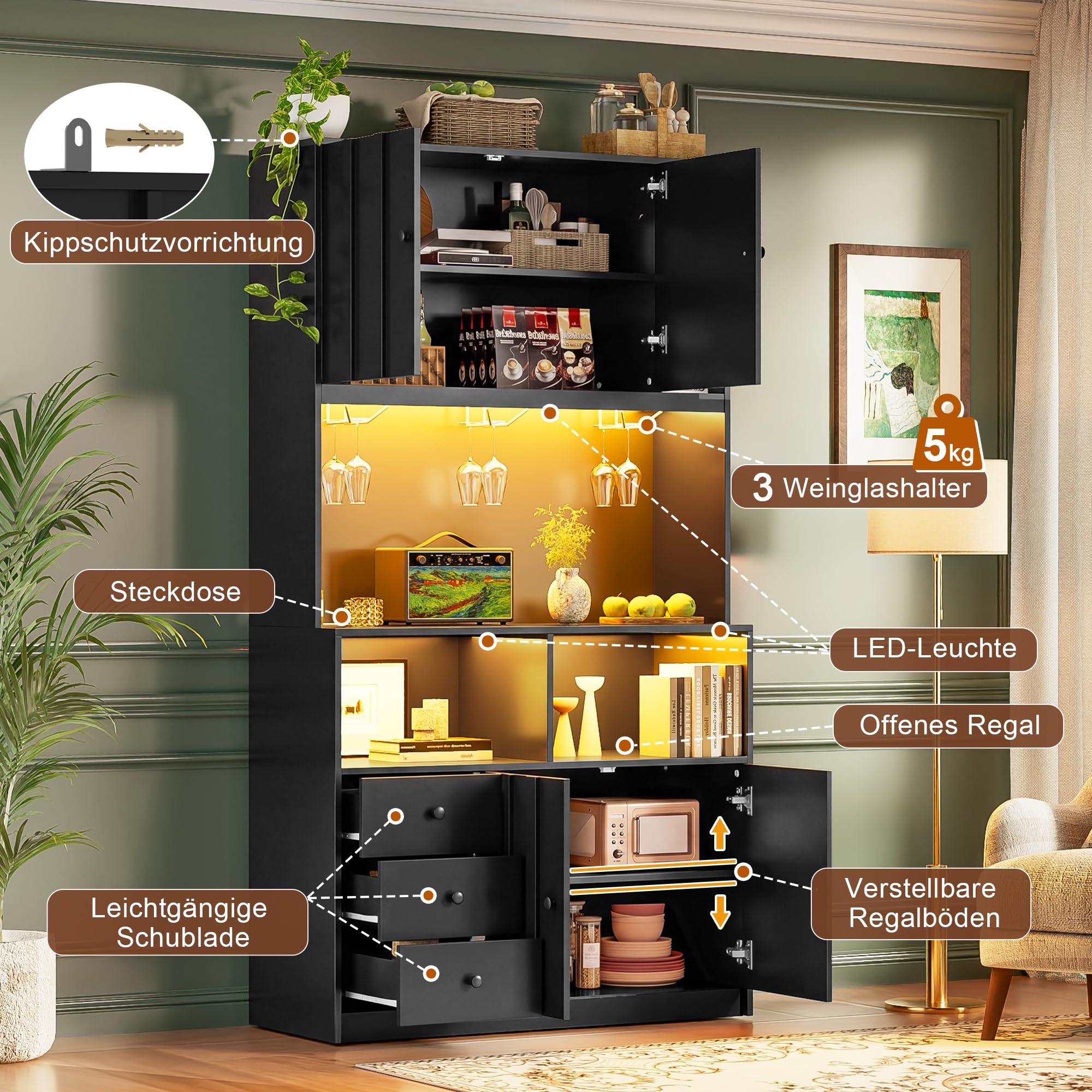 Merax Küchenschrank mit Arbeitsplatten, Buffetschrank mit LED, Steckdose, 3 Schubladen, Weinregal, Offenen Regalen, Verstellbare Einlegeböden, Küchenschränke für Küche, 100x40x180cm, Schwarz