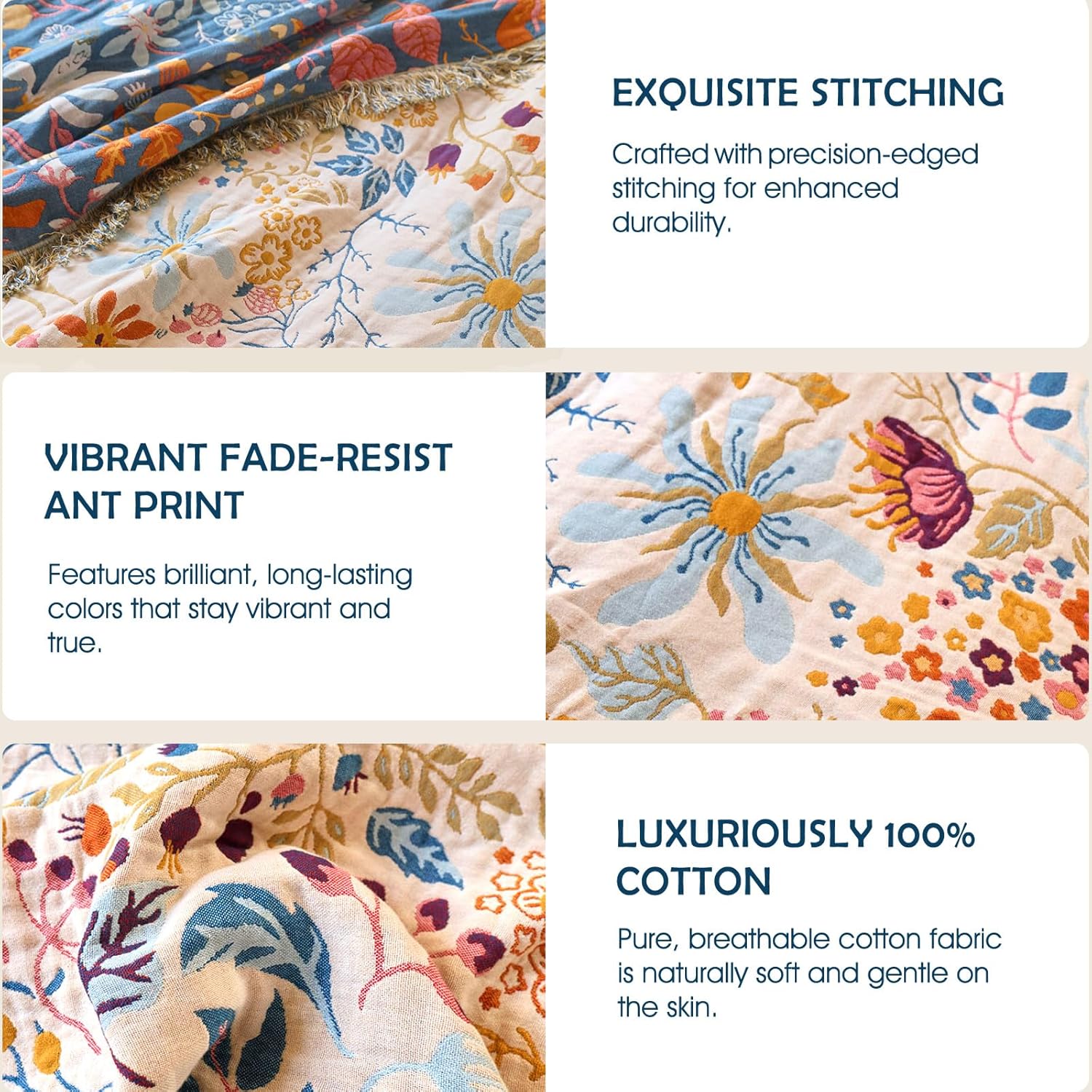 Boho Throw Blanket - 100% Cotton Throw Blankets for Bed Couch, 50"x60" Soft Muslin Lightweight Fall Throw Blanket, Cozy Floral Butterfly Printed Bohemain Bedding Decor Beige Throw Quilt - Image 5