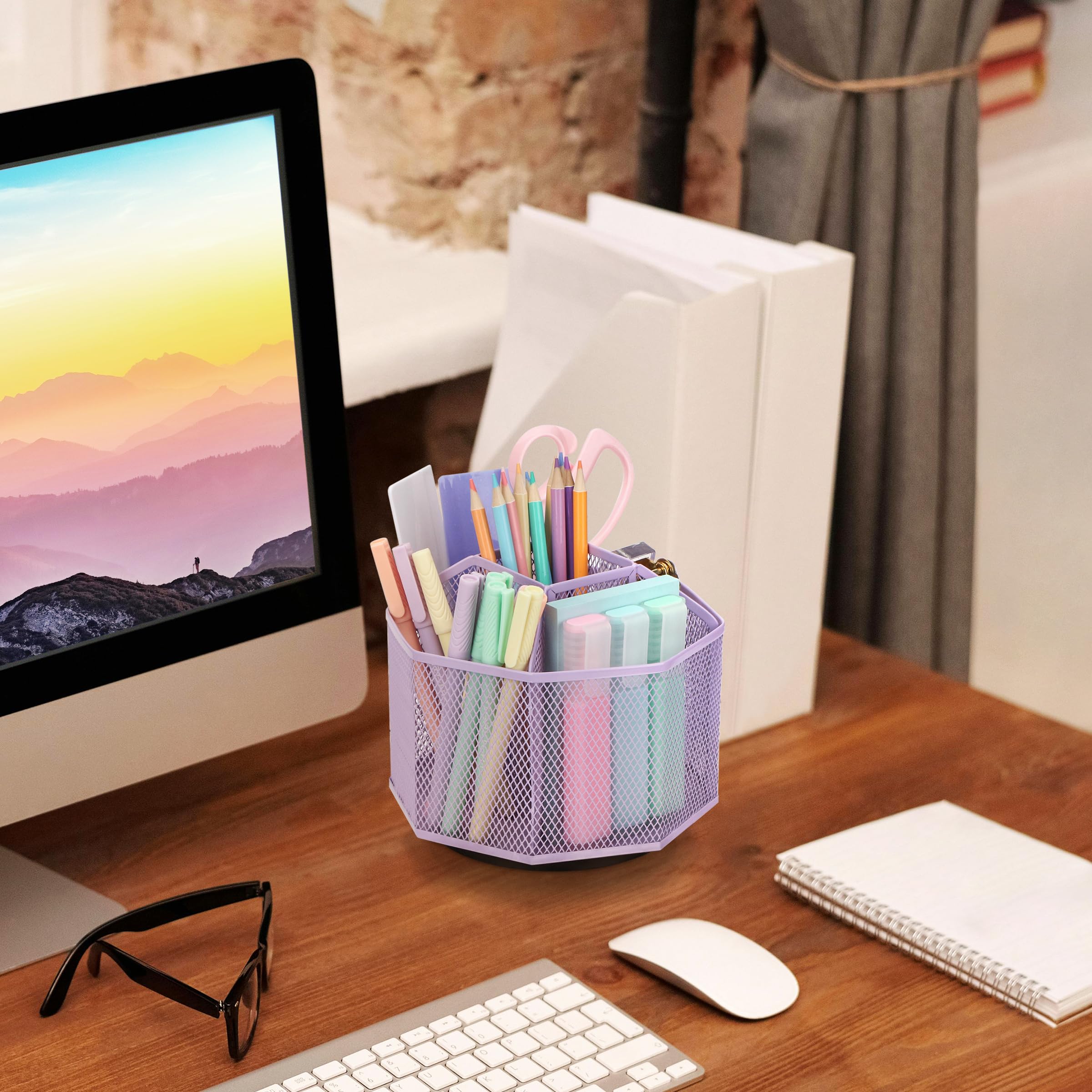 EXERZ Desk Organiser/Mesh Desk Tidy Caddy/Pencil Holder/Multifunctional 360 Rotating - Light Purple - Image 3