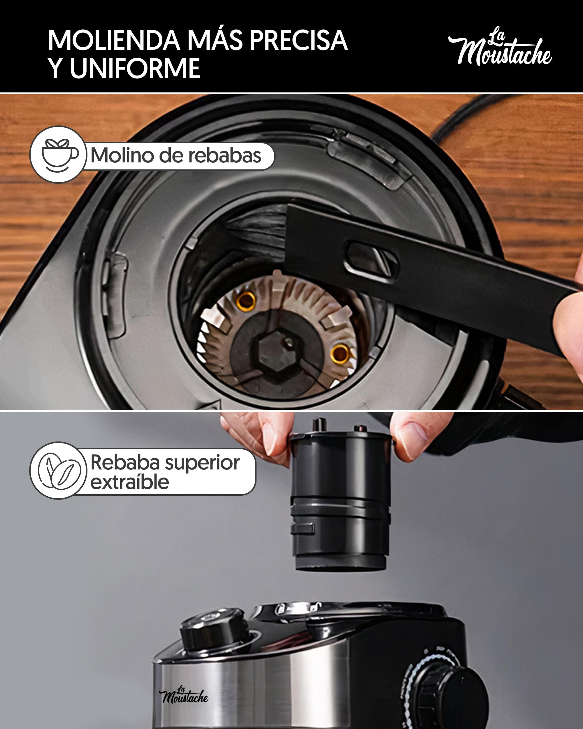 La Moustache - Molinillo de Café Eléctrico 200W con Mecanismo Plano de Acero Inoxidable 190g | 25 Grados de Molido【Bajo Ruido】Contenedor Transparente, Temporizador y Cepillo (GrindMaster Black)
