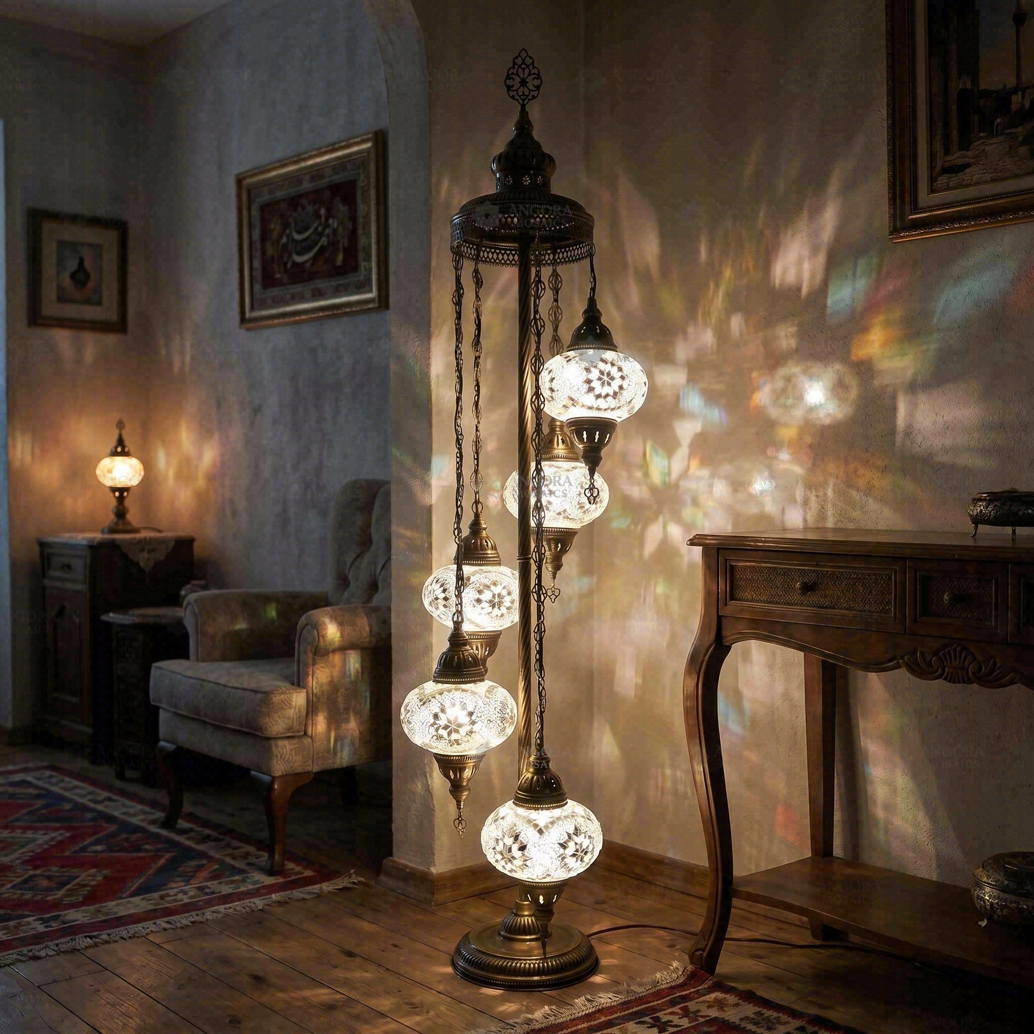 ENVA White Turkish Mosaic Floor Lamp - 5 Globe Clear Glass Standing Light - Handmade Moroccan Boho Decor - Antique Brass Finish