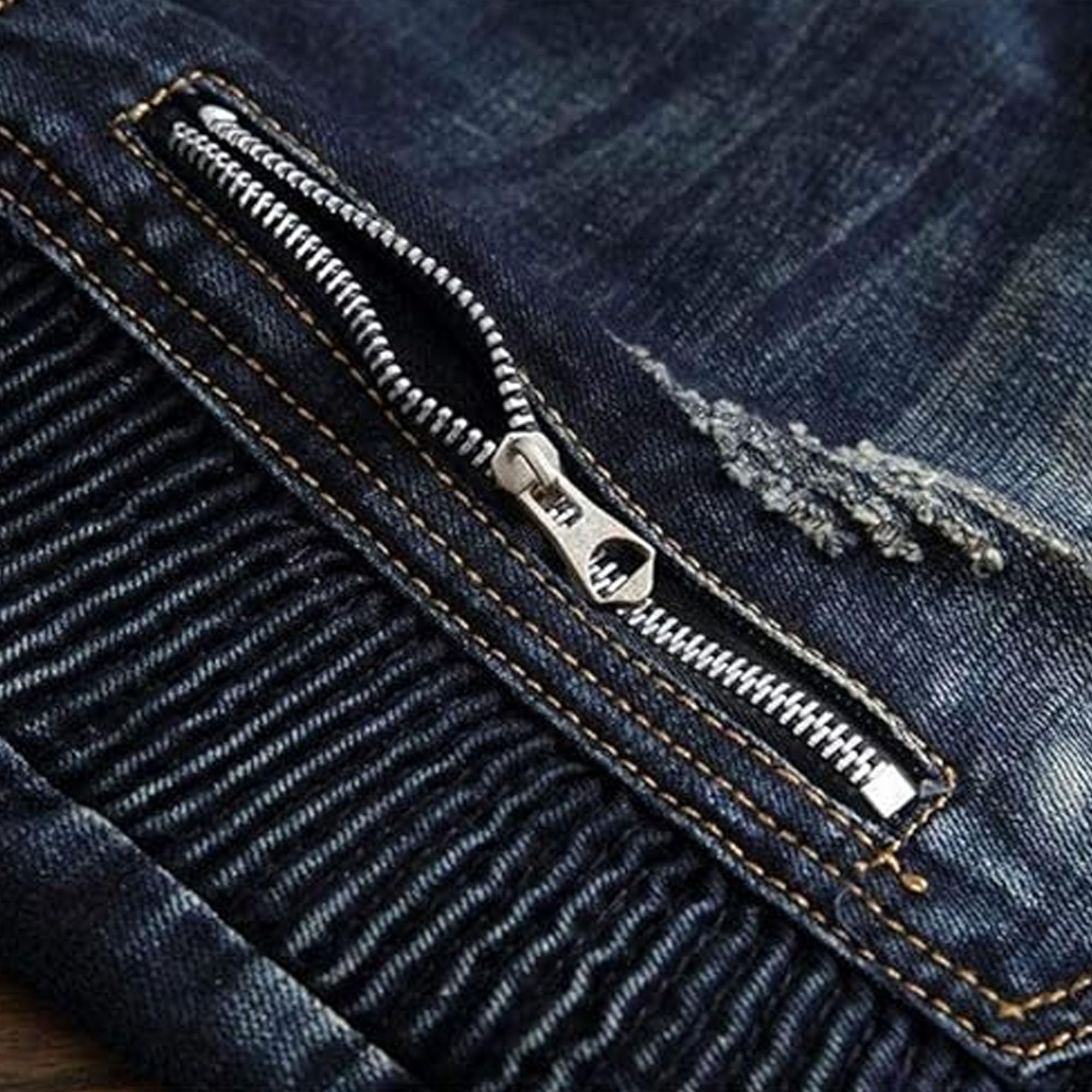 Jeans da motociclista da uomo, con cerniera, effetto lavato, vestibilità dritta, slim fit, jeans classici slim fit, jeans moto lavato