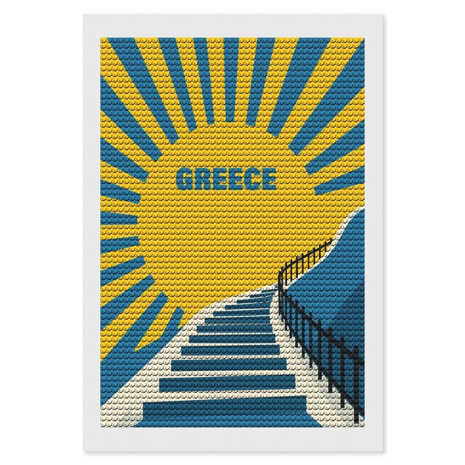 Junmoney Greece Travel Diamond Painting Canvas Set 8"x12", for Adults, Sparkling Round Gems, Thoughtful Handmade Gift, Modern Decor