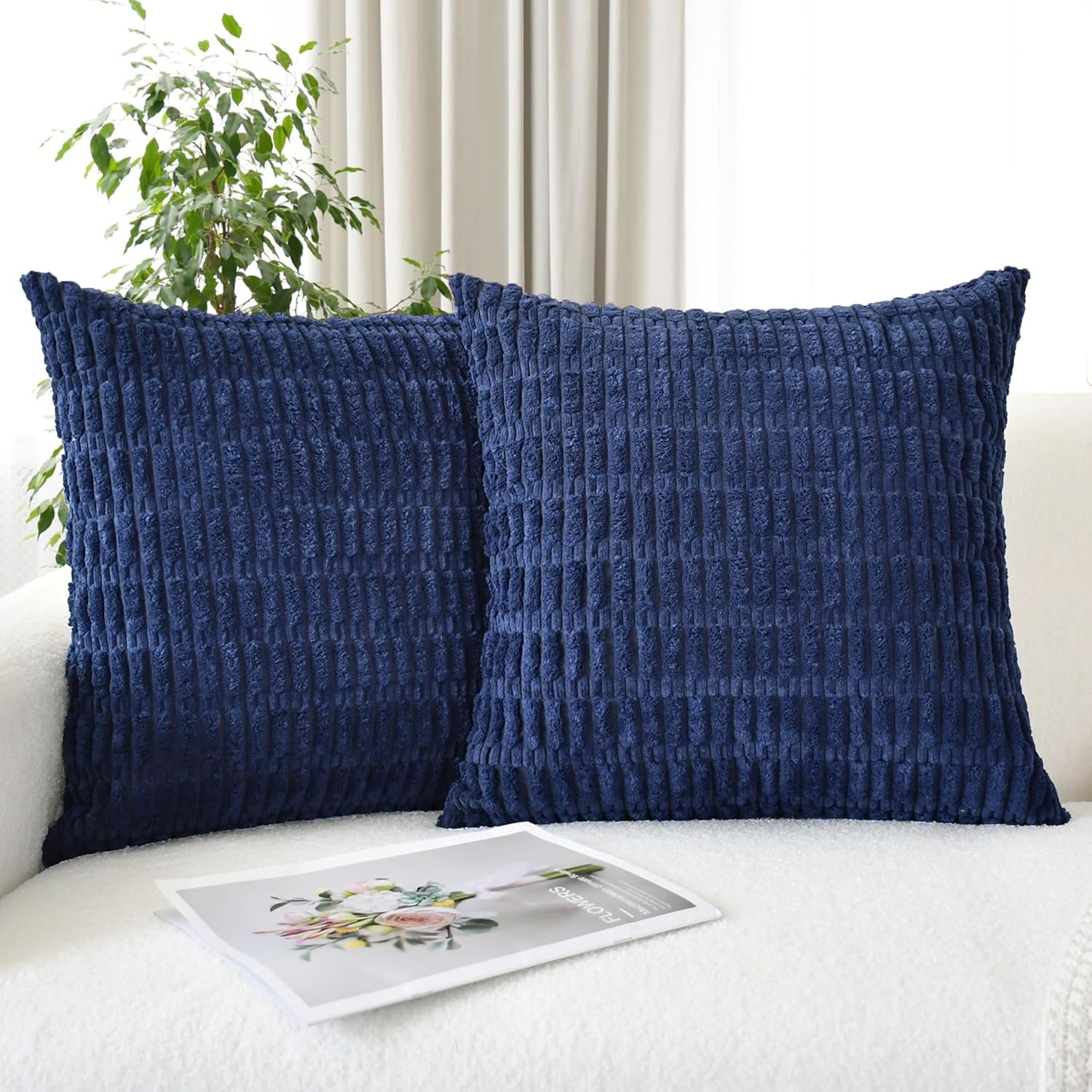 CaliTime Throw Pillow Covers Pack of 2 Comfy Corduroy Boho Striped Decorative Cushion Cases for Couch Sofa Bed Farmhouse 18 X 18 Inches Navy Blue
