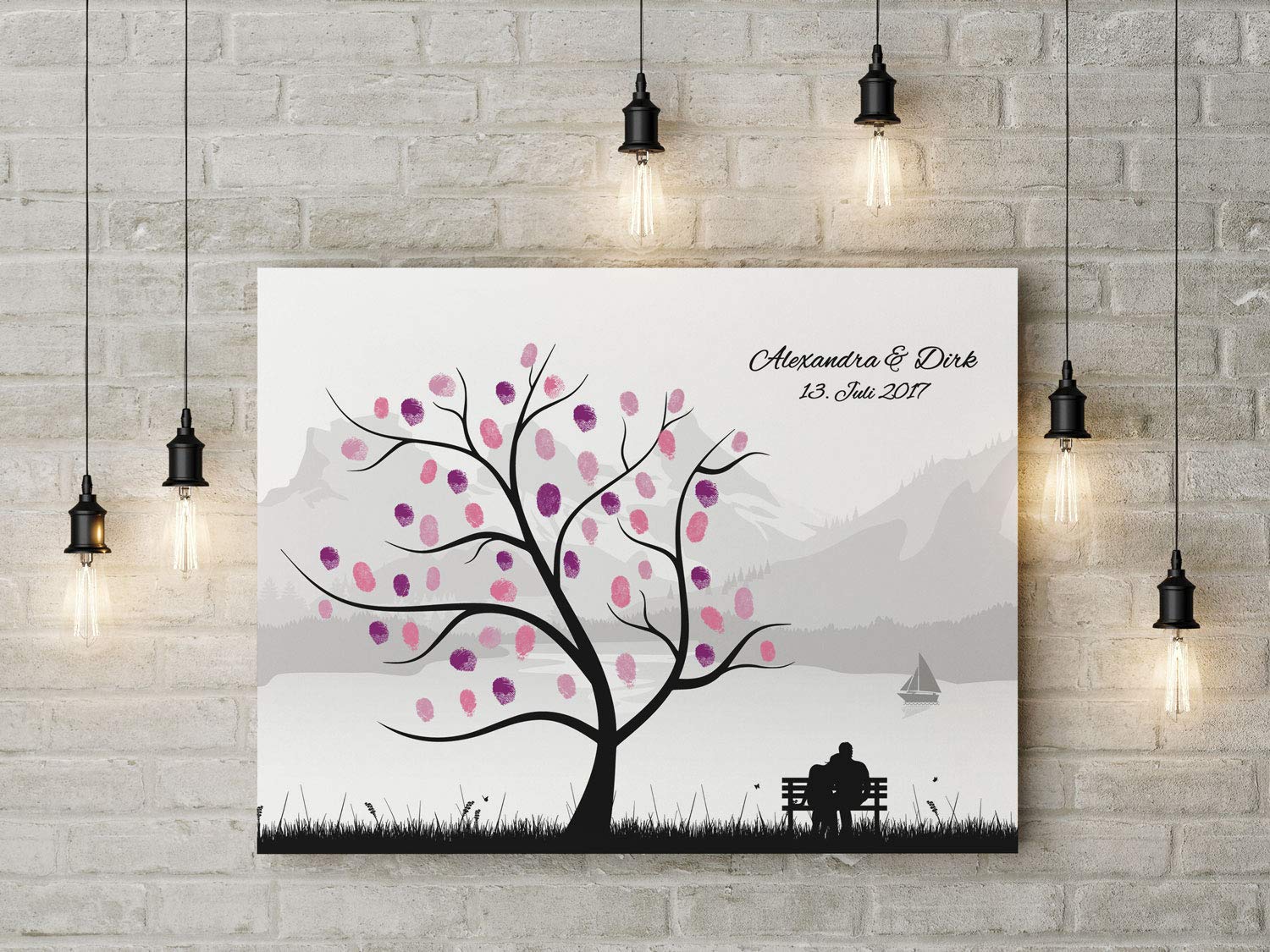 Wedding Tree Gästebuch Leinwand zur Hochzeit - Personalisiert - Fingerabdruckbaum Motiv Skyline See Berge Alpen