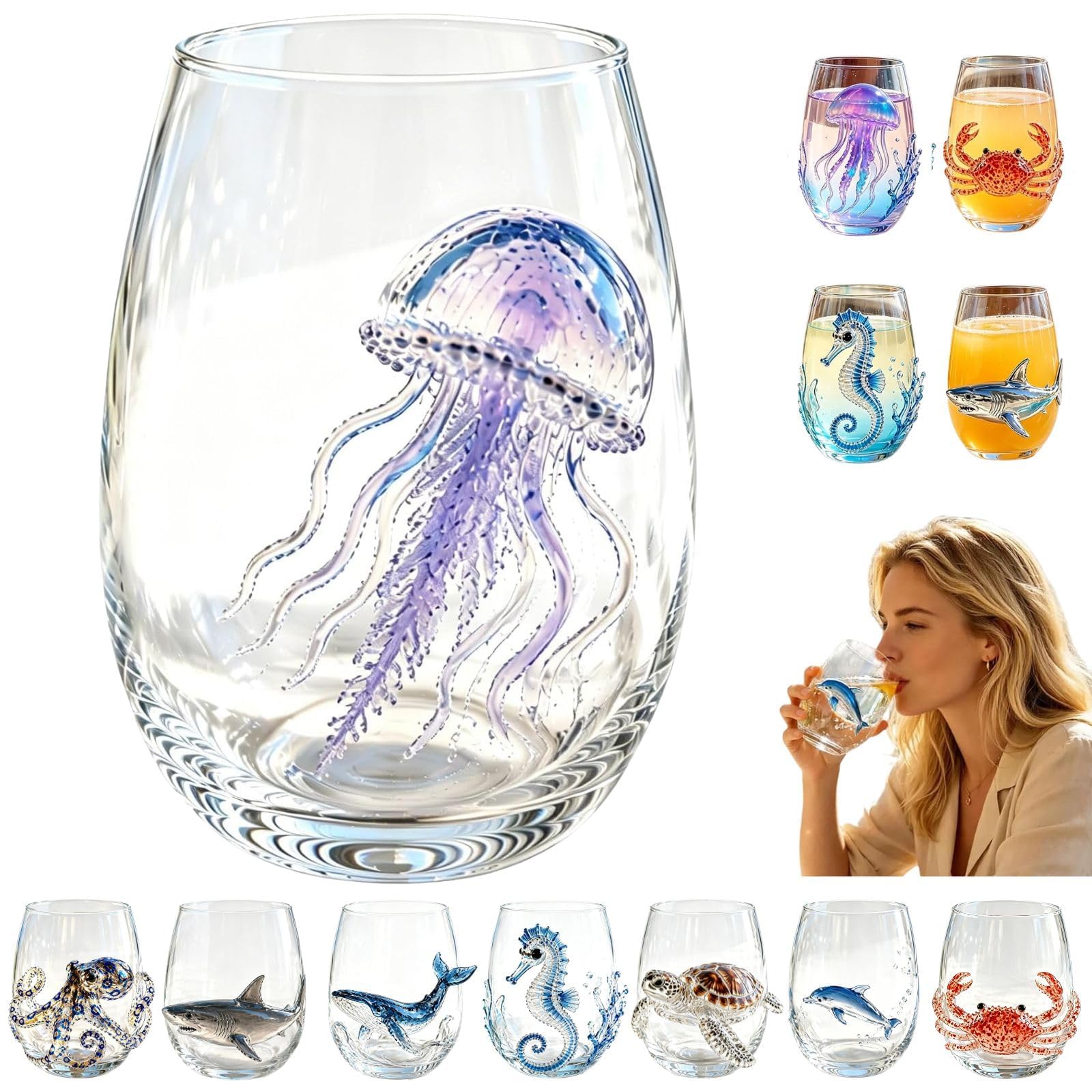 ByteCraft Artisanal Blue Ringed Octopus Glassware, Artistic 3D Octopuses Stemless Wine Glasses, Handcrafted Marine Animal Bar Glass, Coastal Home Decor Gift for Ocean Lovers (Jellyfish)