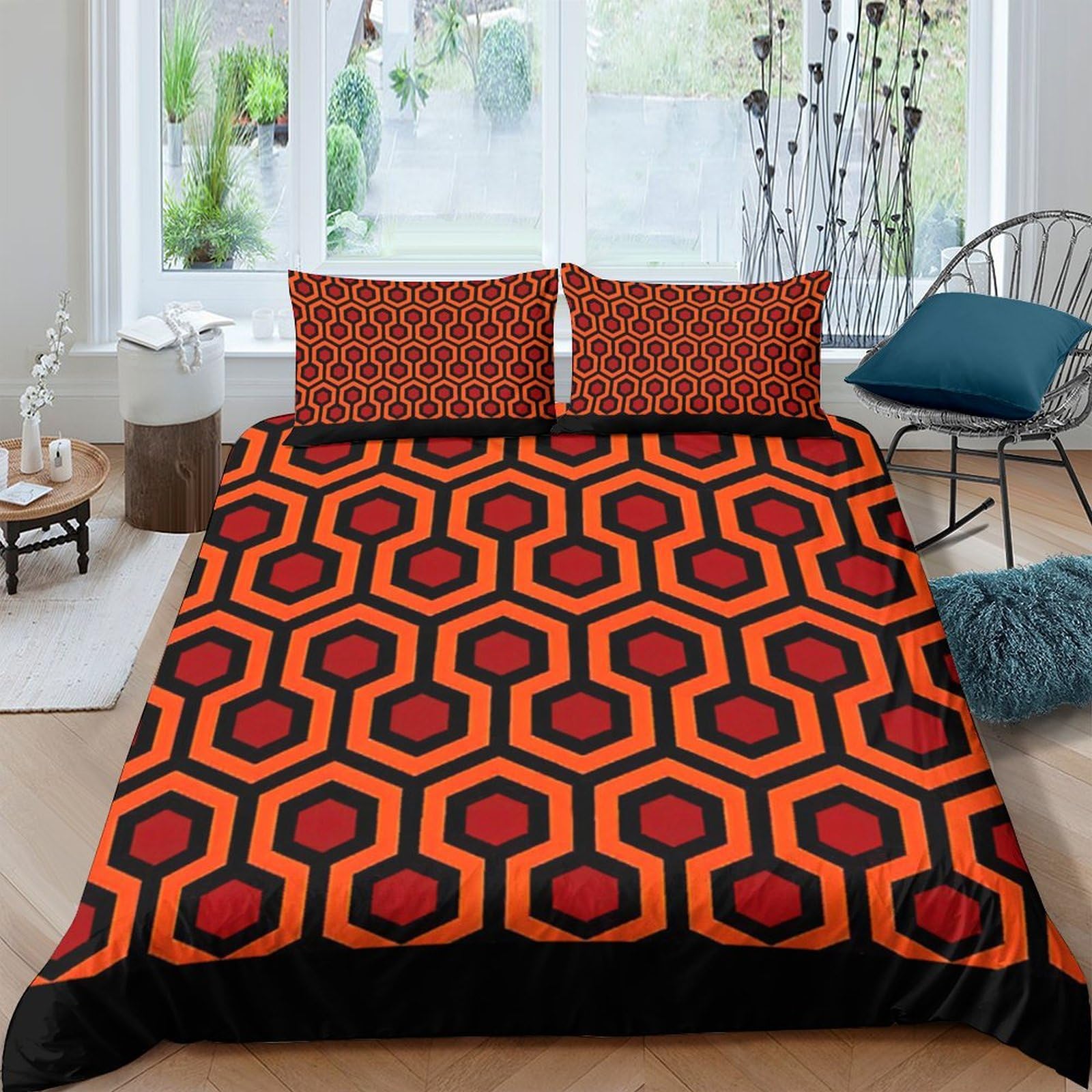 Ctjqhvkz Style-5 3D Printed Retro Hexagon Pattern Fitted Sheet Microfiber Orange Black Geometric Bed Cover For Bedroom Guestroom Single（135X200cm）