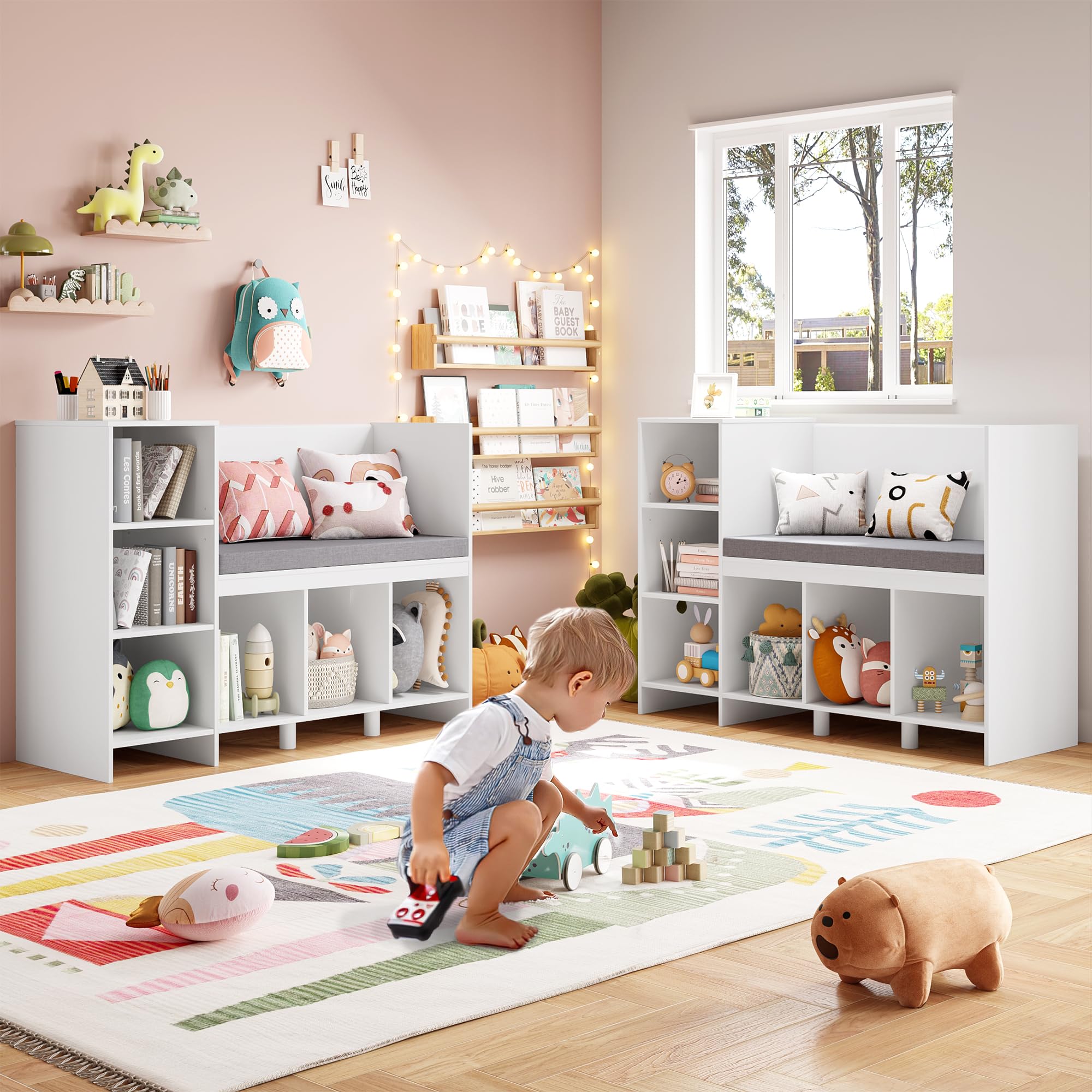 HOCSOK Bibliothèque Banc, Etagère pour Enfants avec 6 Compartiments de Rangement, Bibliothèque Enfant, Blanc, 80.5×40×110 cm