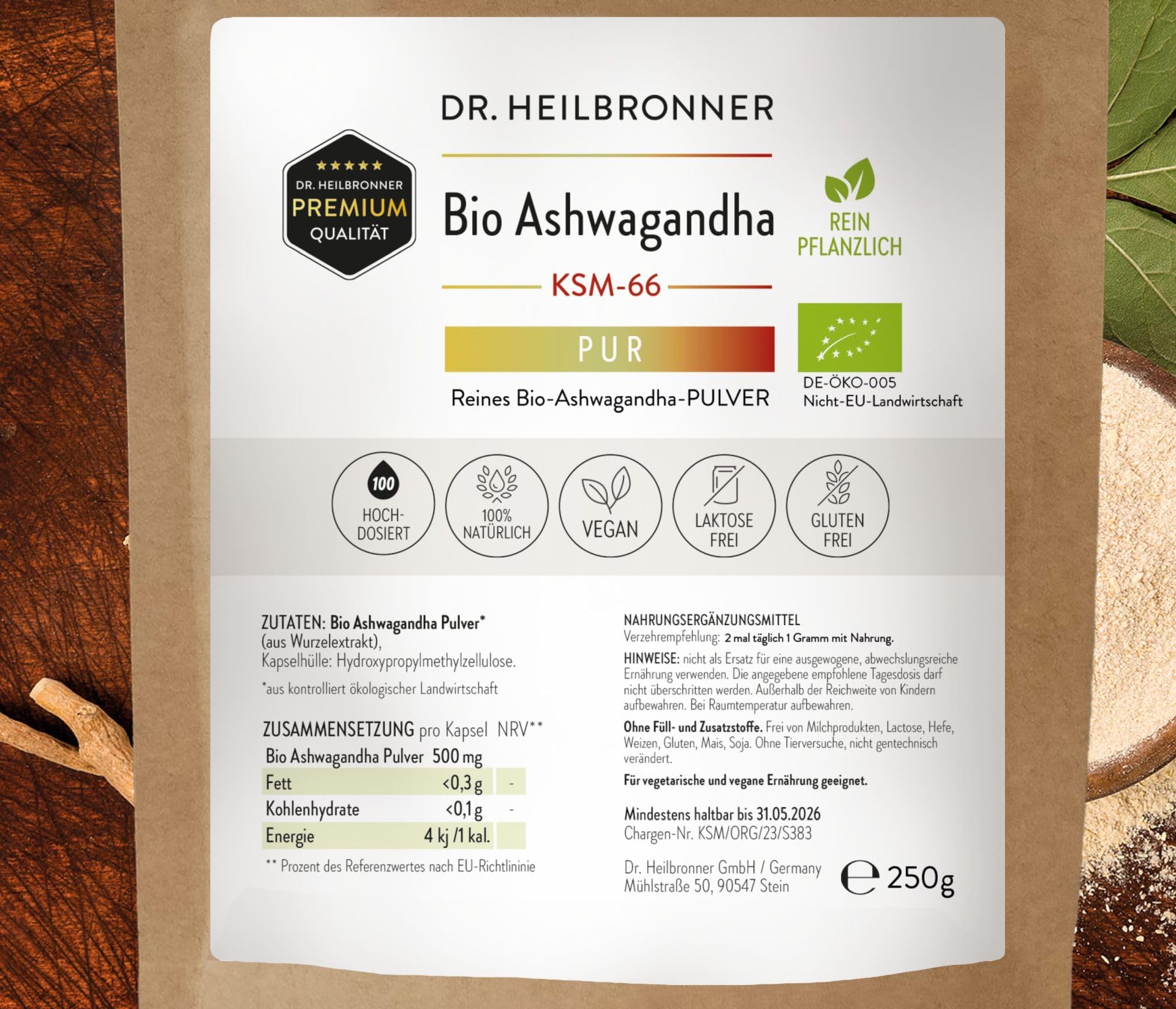 Dr. Heilbronner Bio Ashwagandha PUR Pulver KSM-66 – 250g