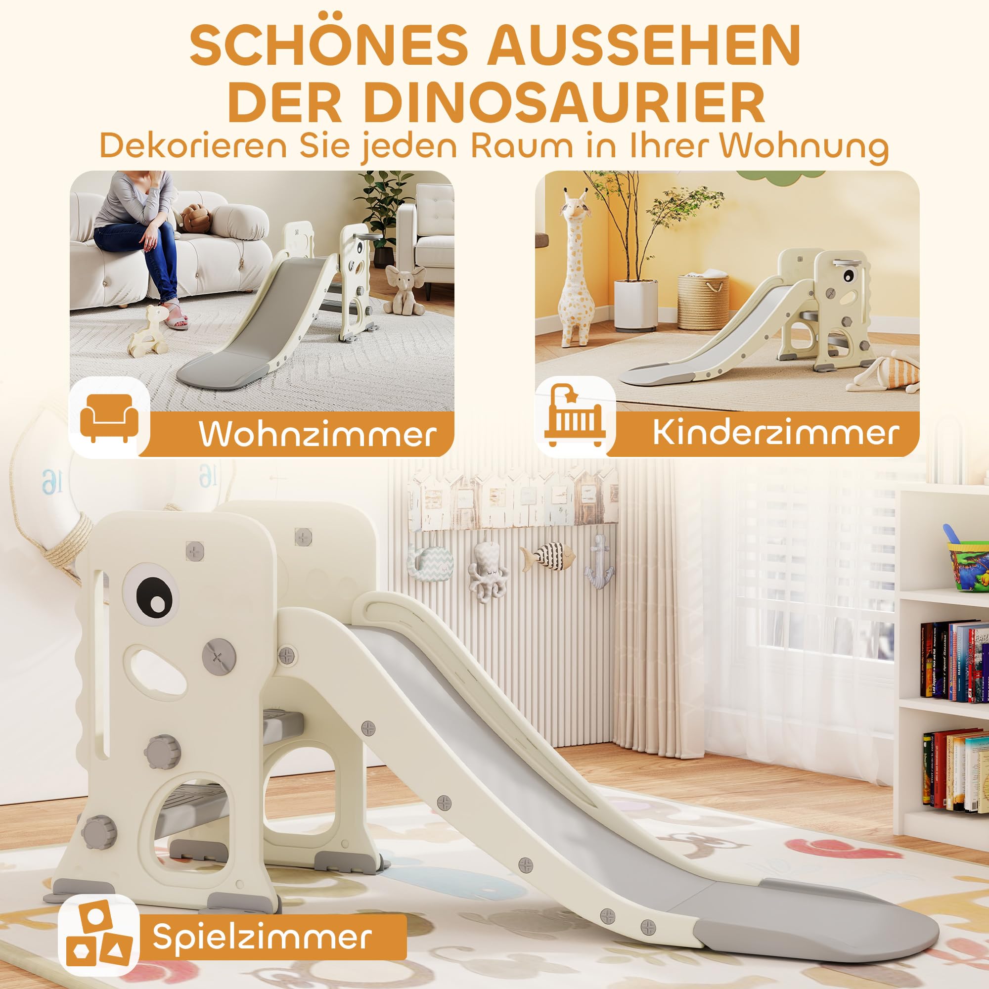 AIYAPLAY Kinderrutsche 3 in 1 klappbar für Kinder 2-5 Jahre Cremeweiß | Kleinkinderrutsche mit Basketballkorb, Rutsche, Klettergerüst, Basketball, Indoor & Outdoor