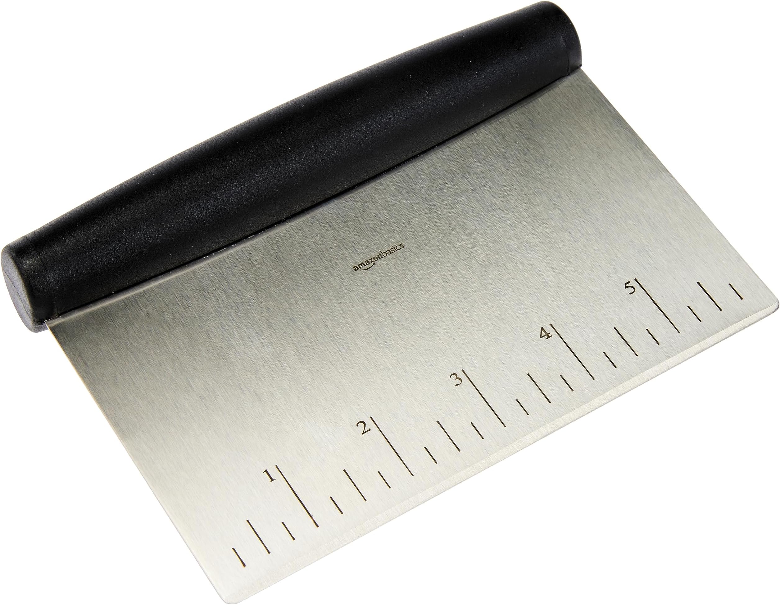 Amazon Basics Multi-Purpose Bench Scraper, Stainless Steel Dough Cutter with Measurement Marks, Dishwasher Safe, Non-slip Contoured Grip, 6", Black, Silver