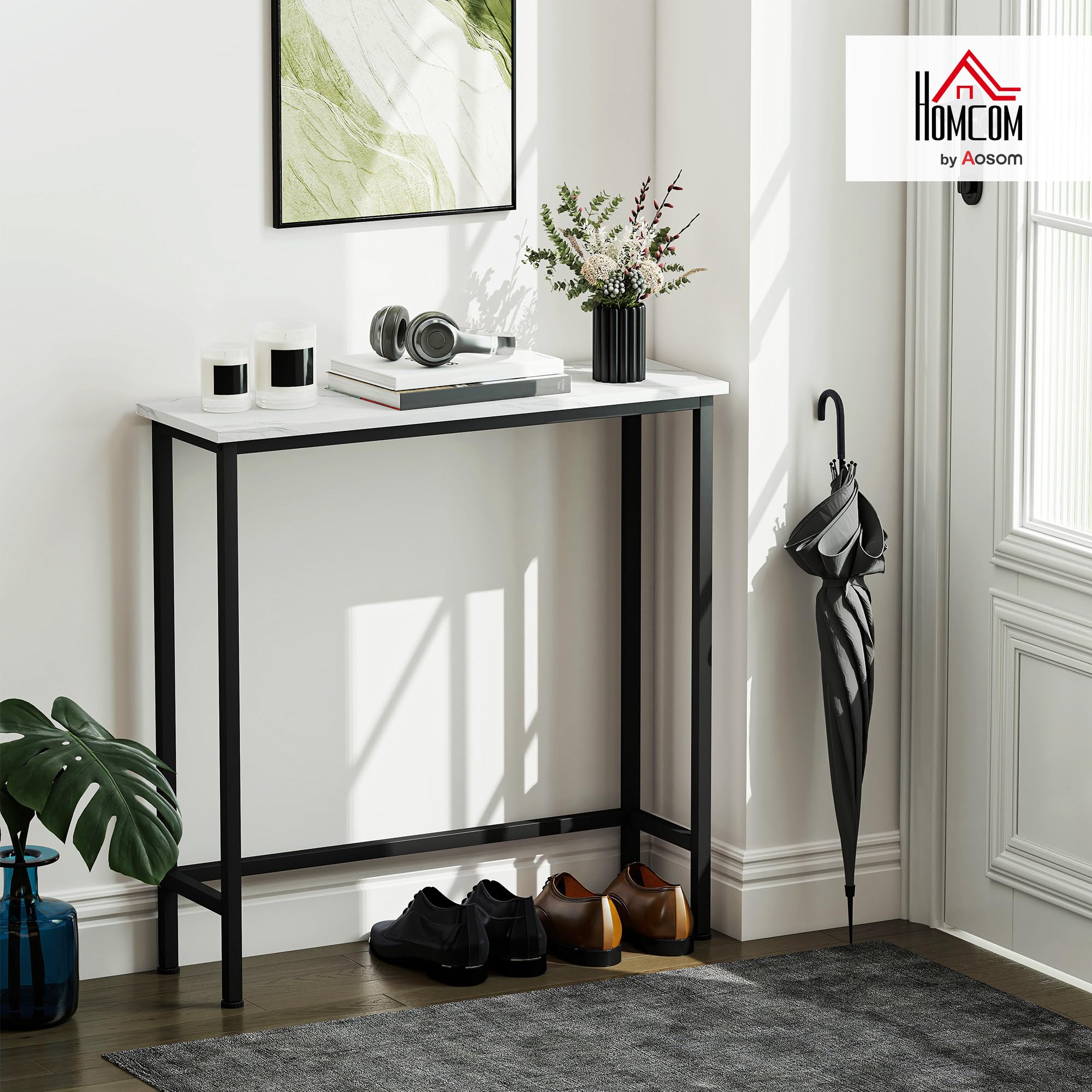 HOMCOM Mesa Consola Moderna Consola Recibidor Estrecha con Superficie con Efecto Mármol y Marco de Metal para Entrada Sala de Estar 75x24x76 cm Blanco y Negro