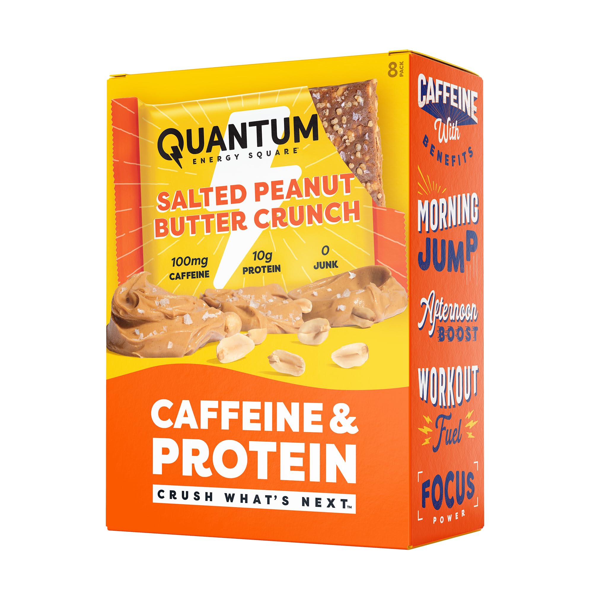 - Quantum Energy Square: Energy Bar with Caffeine & 10g Protein. Delicious Healthy Snack On The Go. (Vegan, Gluten-free, Soy-free, Dairy-free) (Salted Peanut Butter Crunch)