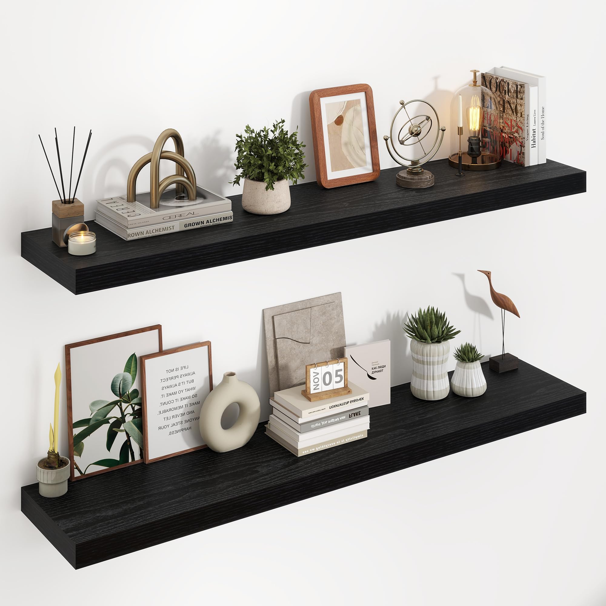 Acovy Floating Shelves for Wall, 23.5cm Extra Deep 120cm Long Wooden Wall Mounted Shelf, Wall Shelves for Living Room Bathroom Bedroom Kitchen, Black, Set of 2