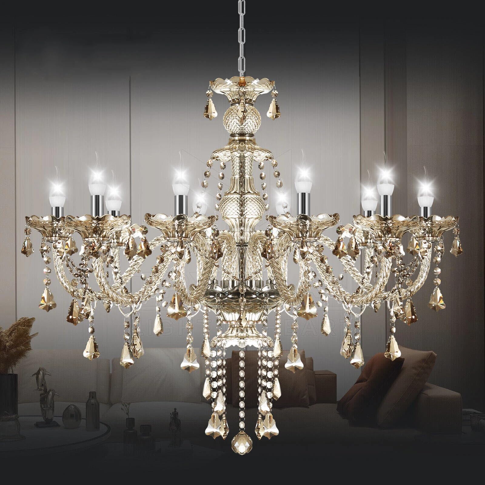 Lustre moderne à 10 ampoules en cristal K9, couleurs cognac, suspension en bougie, éclairage de plafond élégant pour salle à manger, salon, chambre à coucher et accessoires de maison