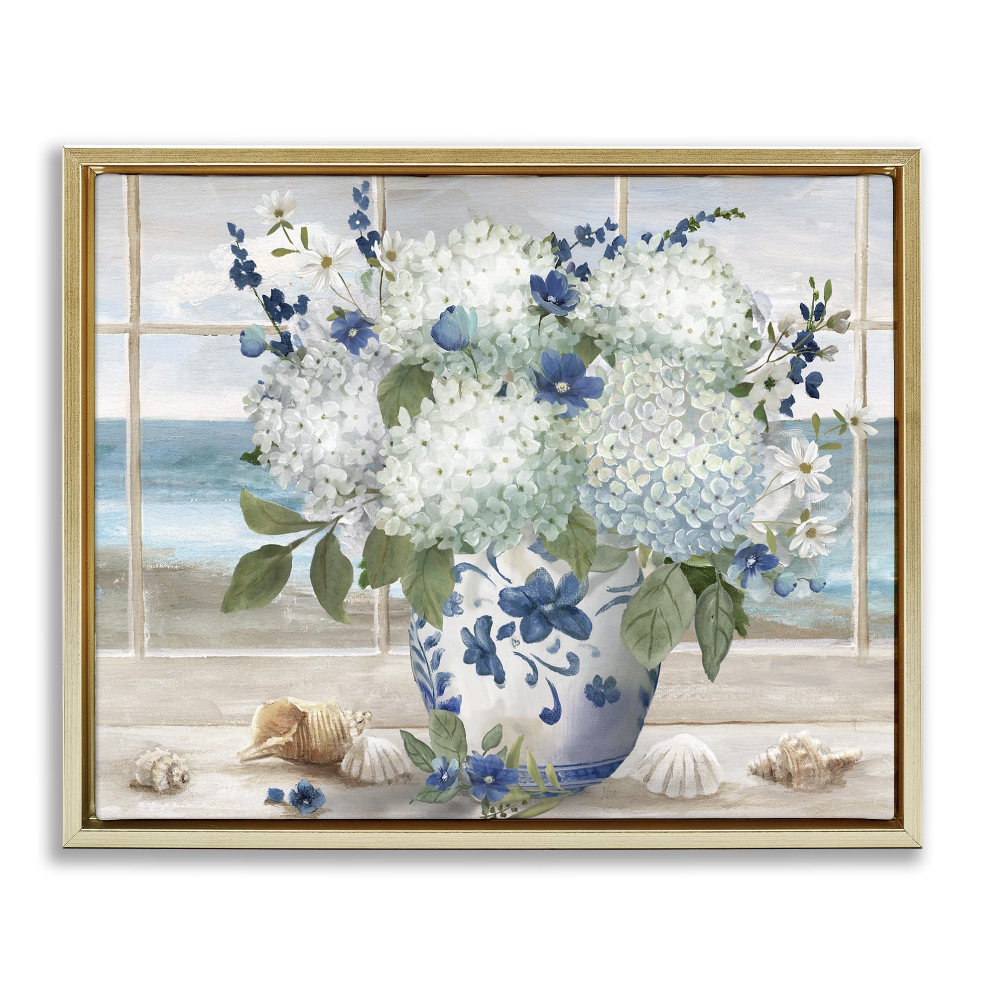 'Seaside Hydrangea Bouquet in Window'| Floating Frame Canvas Art