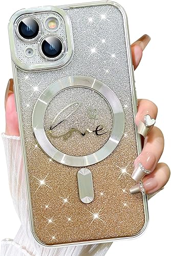 Vista 246 de Fiyart - Funda transparente magnética con purpurina para iPhone 12 para mujeres, con grabado "Love" metálico, protección para cámara y antigolpes