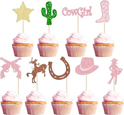 36 adornos para cupcakes de vaquera, zapatos de caballo con purpurina, cactus, pistola, cupcakes, sombreros de vaquera, botas, decoraciones de