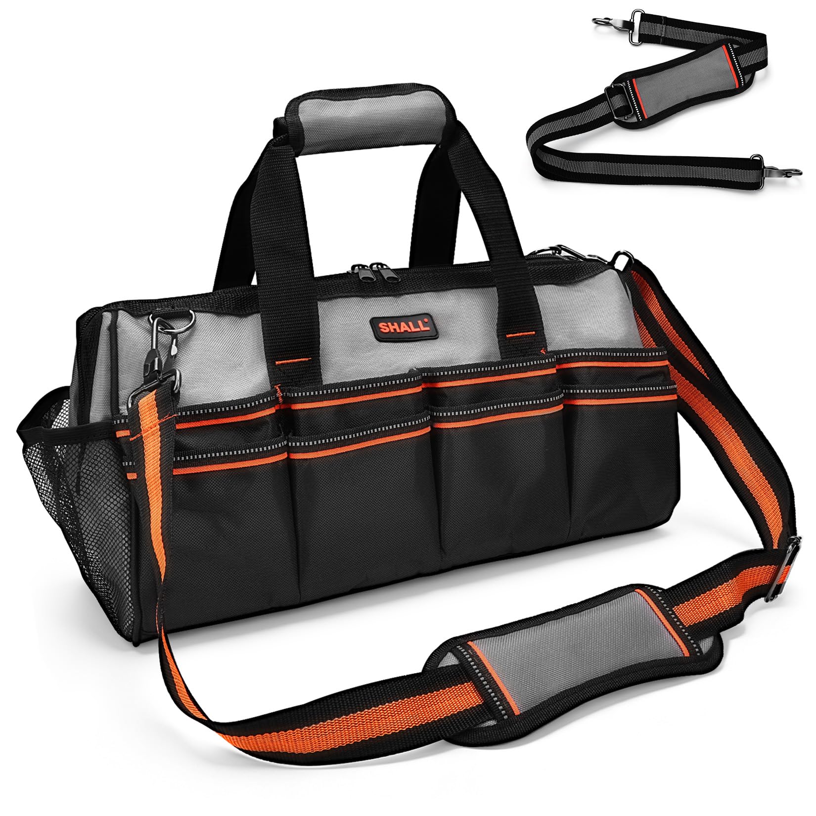 SHALL 16.5 Inch （42cm）Tool Bag, 1680D Heavy Duty Tool Bag Organizer with 26 Pockets, Anti-Slip Rubber Base, Wide Open Mouth, Water-Resistant Tool Tote Bag with Adjustable Shoulder Strap