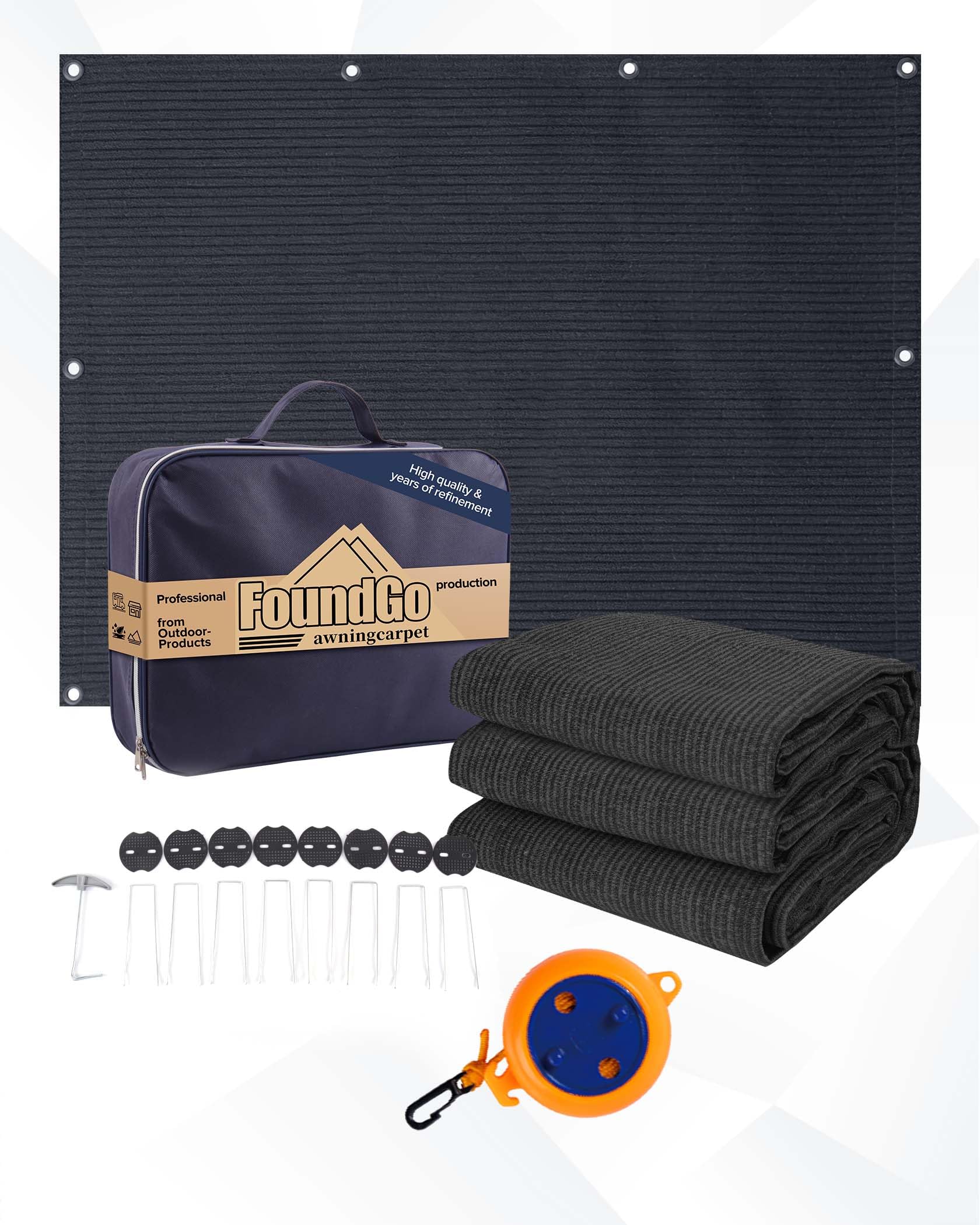 FoundGo Vorzeltteppich mit Ösen [280g/m² HDPE] Camping Teppich Outdoor Vorzeltboden inkl. Tragetasche 8 Stahlnägel & Wäscheleine