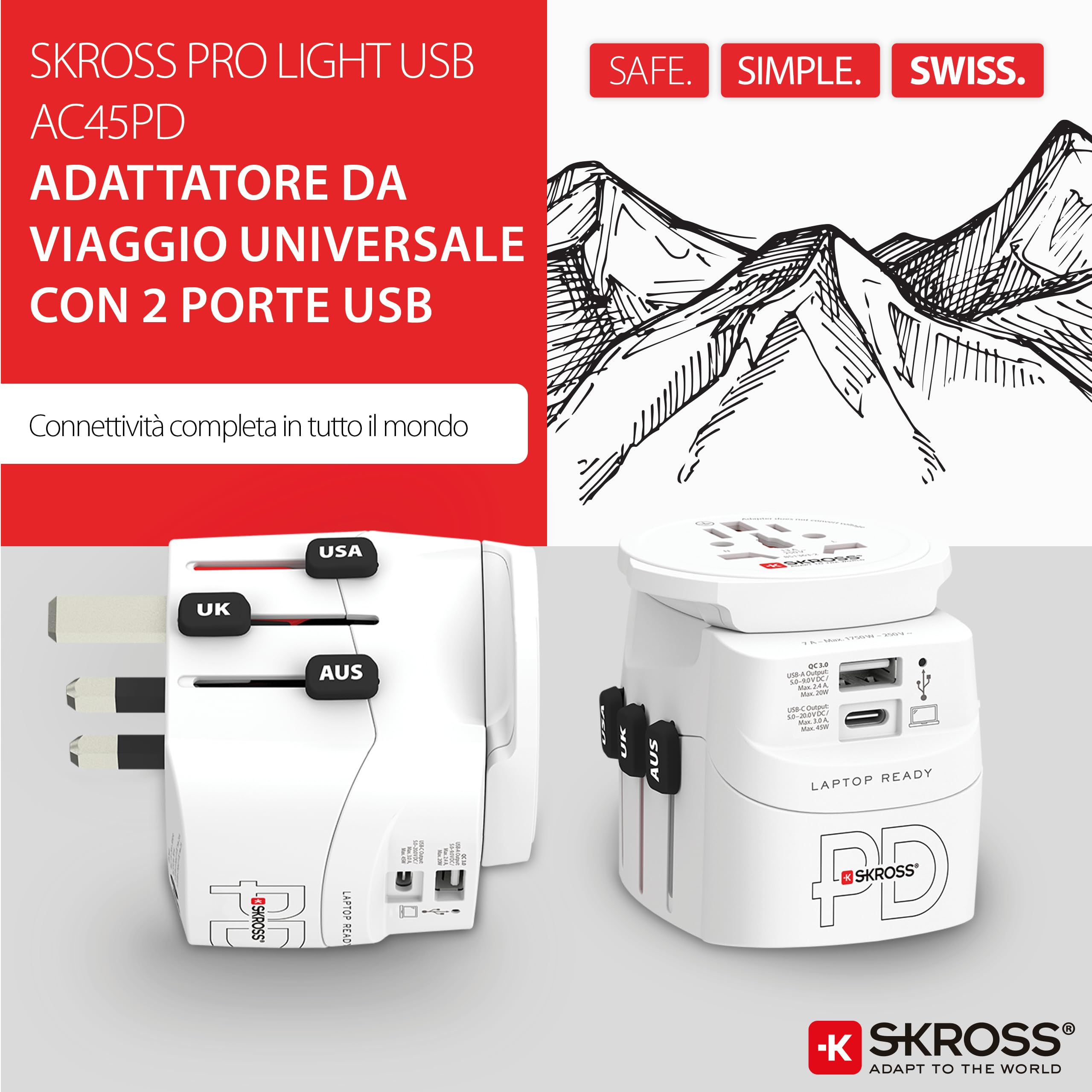 SKROSS - PRO Light USB AC45PD - Adattatore Universale da Viaggio da e per il Mondo con 2 Prese USB - Fast Charge da 45W - Tensione e Potenza : 100 V AC – 700 W / 250 V – 1750 W