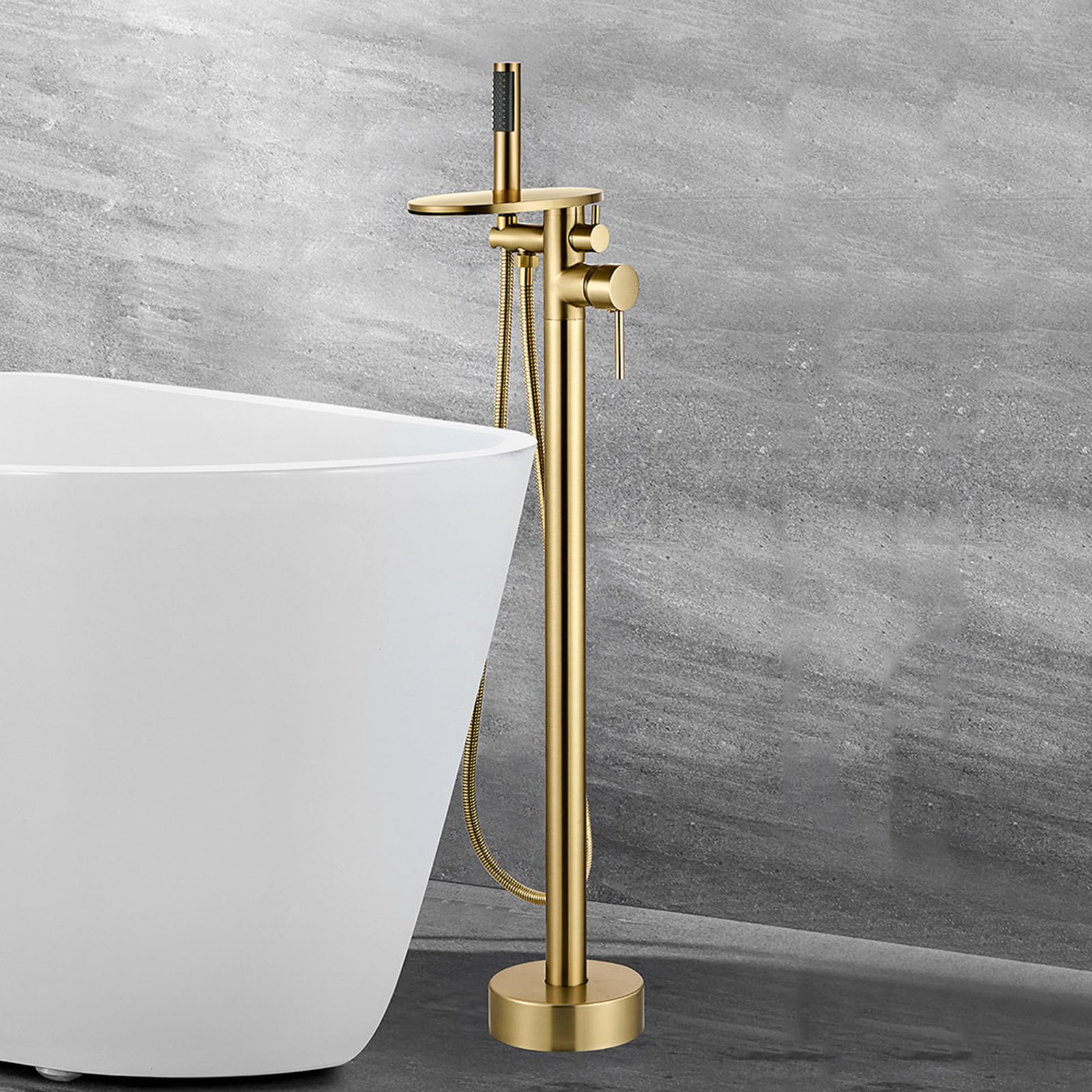Grifo Mezclador de Bañera Y Ducha Acabado Dorado Cepillado Grifo de Bañera Independiente con Ducha de Mano Cascada Giratoria de 360° con Agua Fría Y Caliente Y Ducha Monomando de Latón
