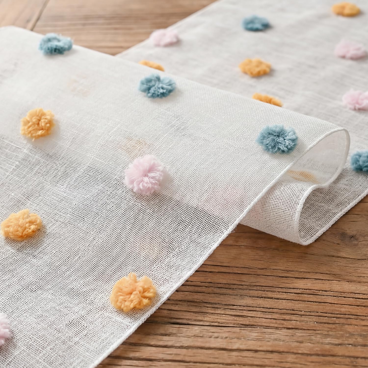 Artoid Mode Pink Blue Yellow Pom Pom Tulle Table Runner, Seasonal Washable Kitchen Dining Table Decoration for Home Party Decor 12x72 Inch