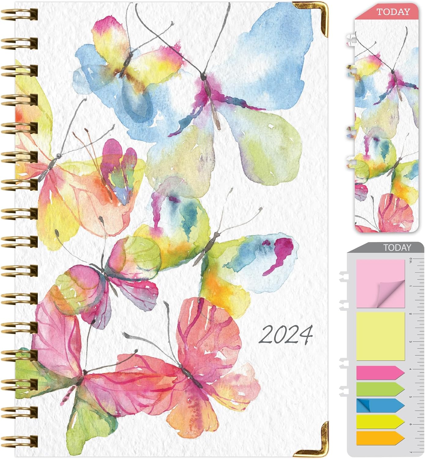 Global Printed Products HARDCOVER 2024 Planner: (November 2023 Through December 2024) 5.5x8 Daily Weekly Monthly Yearly Agenda Bookmark, Pocket Folder & Sticky Note Set (Watercolor Butterflies)