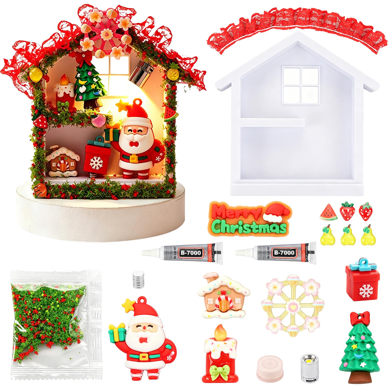 LALASTYLE Fairy Garden House Miniature DIY Kit, Christmas Cottage, Christmas Tree, Santa & Snowflakes, DIY Micro Scene Desk Ornament for Dollhouse, Terrarium, Succulent & Home Decor