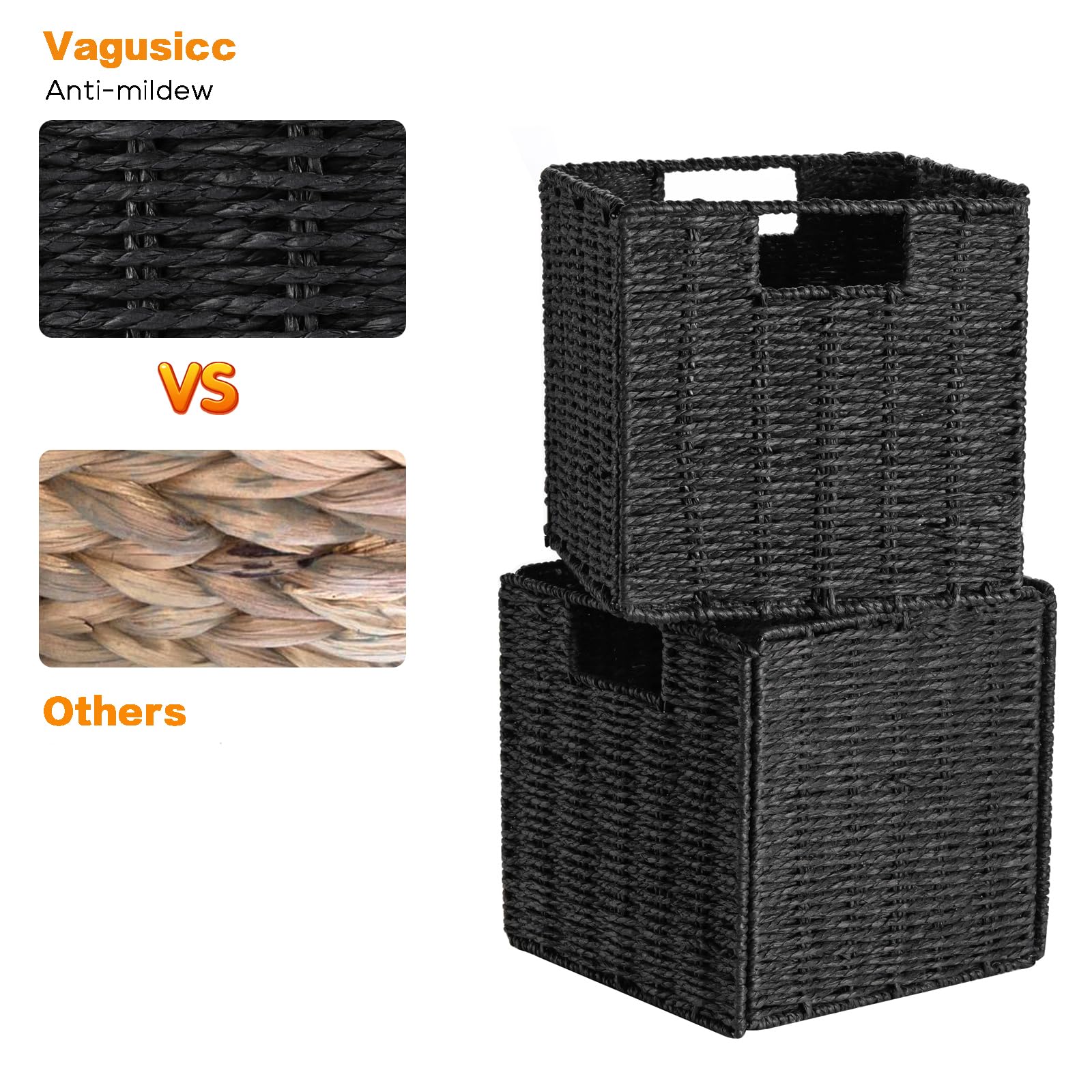 Aufbewahrungskorb geflochten, dekorativer Korb Geflochten mit Griffen, Faltbare Aufbewahrungsbox für Regal, Badezimmer, Wohnzimmer, Groß Körbe Aufbewahrung, 2er Set, 33 x 33 x 33 cm, Schwarz