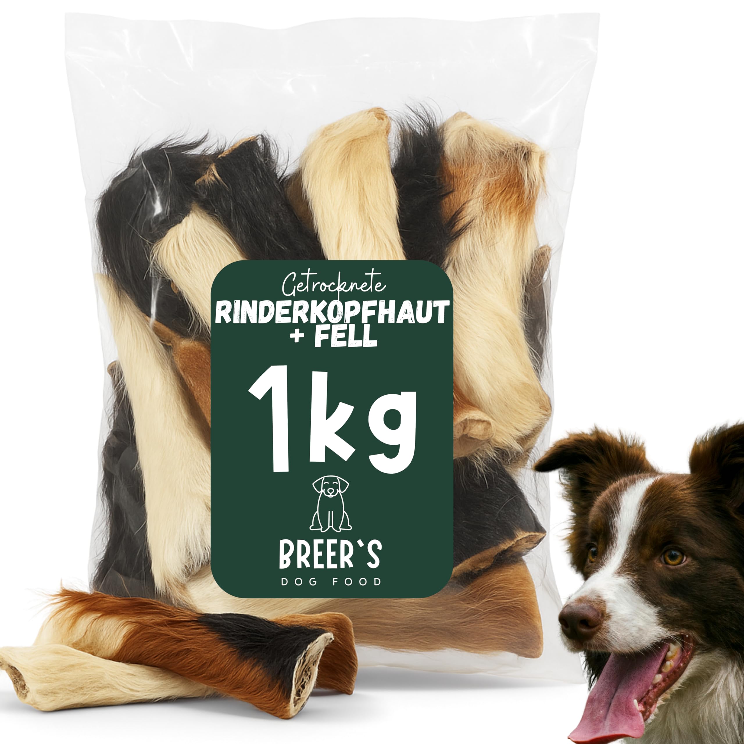 BREERs Getrocknete Rinderkopfhaut mit Fell für Hunde 1 Kg getreidefrei, Deutsche Herstellung, Leckerli Hundekauartikel Kauartikel große Hunde
