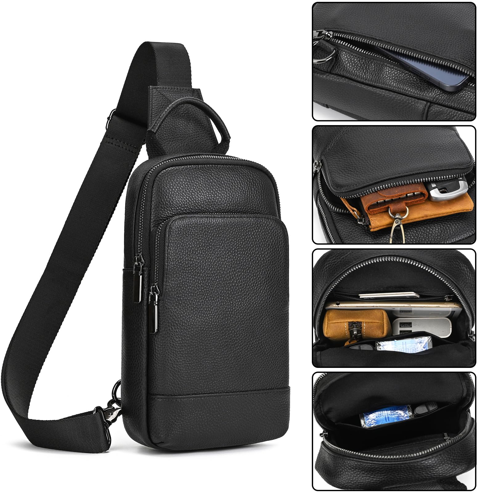 Leder Brust Tasche Männer Leder Umhängetasche Business Freizeit Crossbody Tasche Reise Arbeit kleine Handtasche, 9339 Schwarz