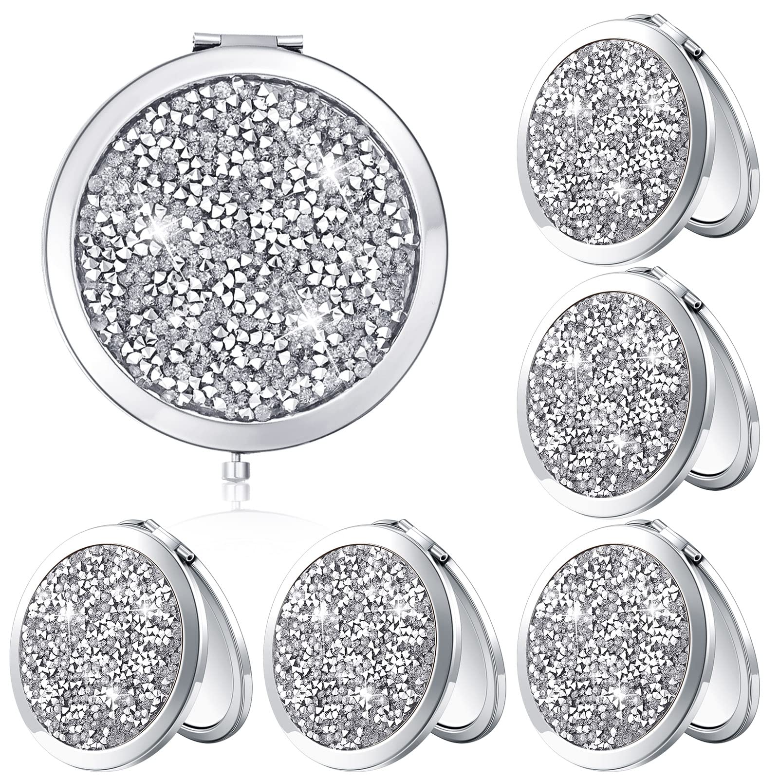 Yulejo Magnifying Compact Cosmetic Mirror Diamond 1X/ 2X Makeup Mirror 2.75 Inch Round Pocket Travel Makeup Folding Small Purse Size Mirror for Women Girls Bridesmaid Gift(Silver,6 Pieces)