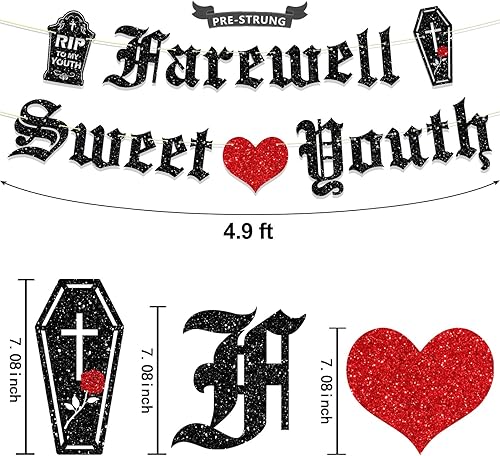 Miniatura 4 de Decoraciones de cumpleaños góticas preencordadas, sin purpurina para bricolaje, pancarta de despedida dulce juvenil, suministros para fiestas